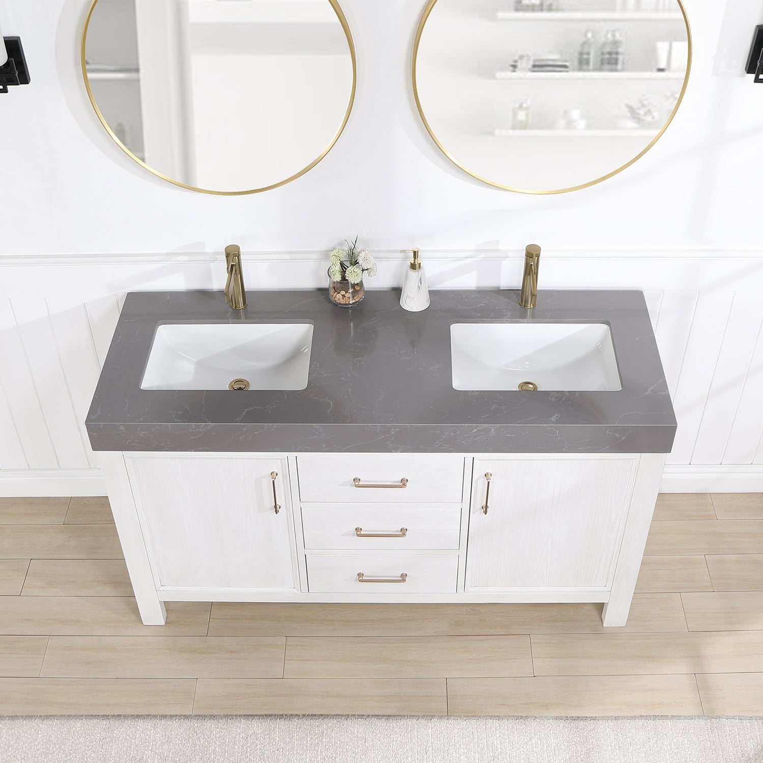 Vinnova Design León 60in. Free standing Double Bathroom Vanity in Fir Wood White with Composite top in Reticulated Grey - New Star Living
