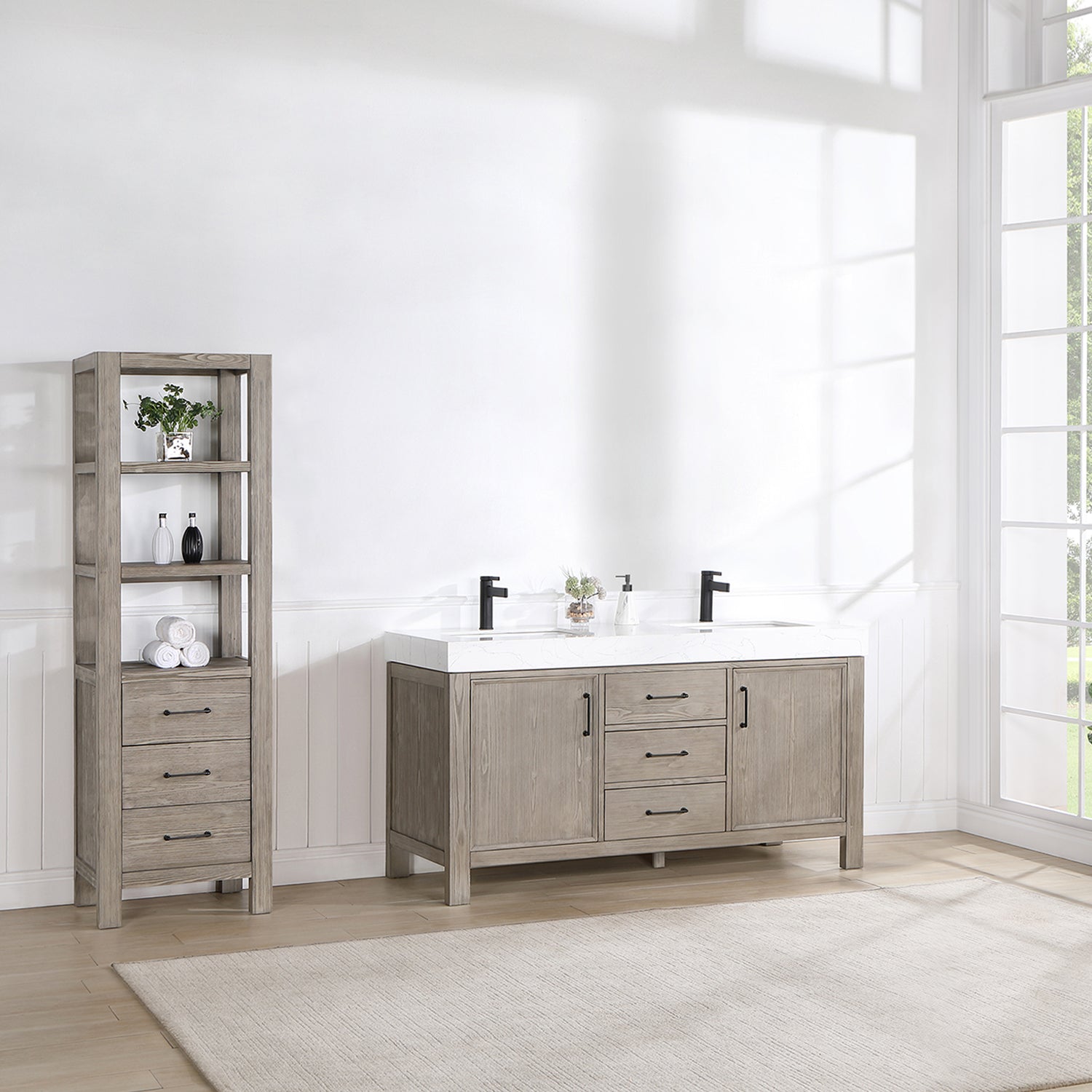 Vinnova Design León 60in. Free standing Double Bathroom Vanity in Fir Wood Grey with Composite top in Lightning White - New Star Living