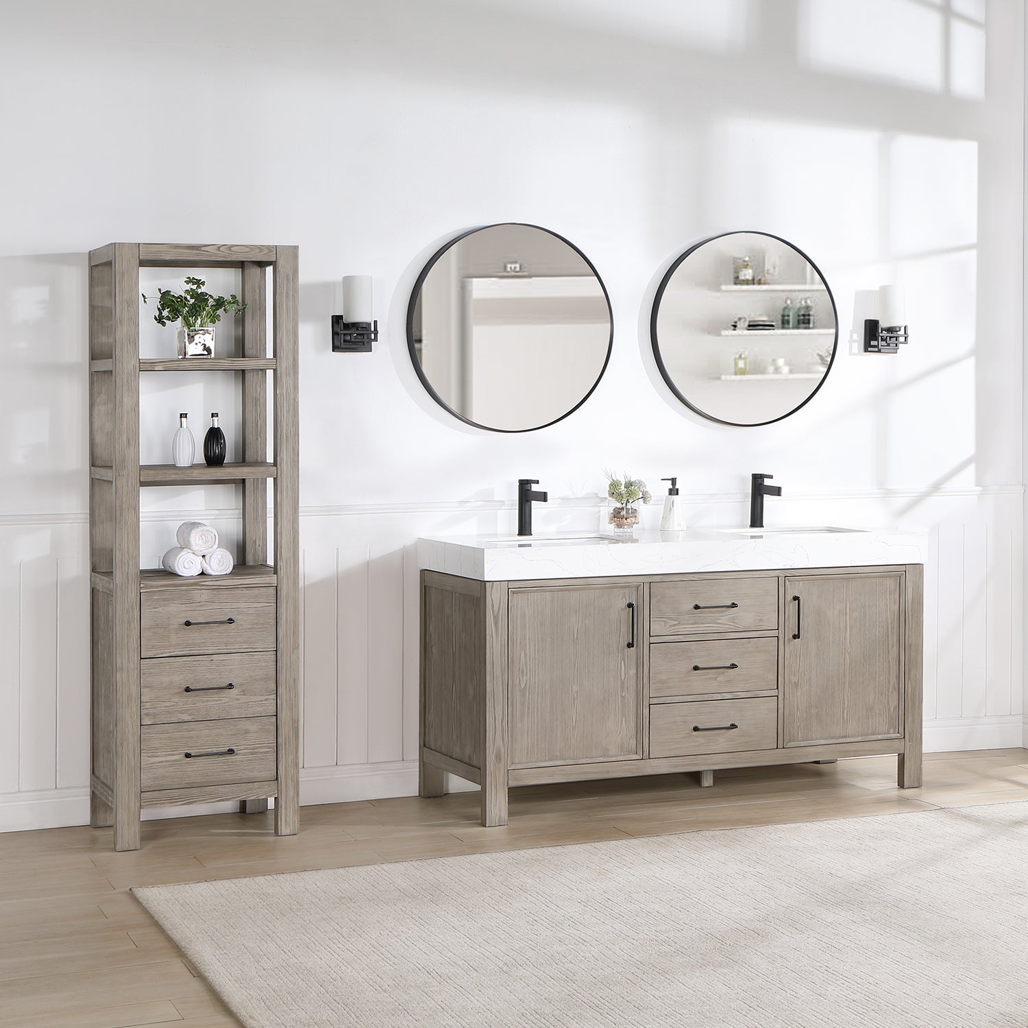 Vinnova Design León 60in. Free standing Double Bathroom Vanity in Fir Wood Grey with Composite top in Lightning White - New Star Living