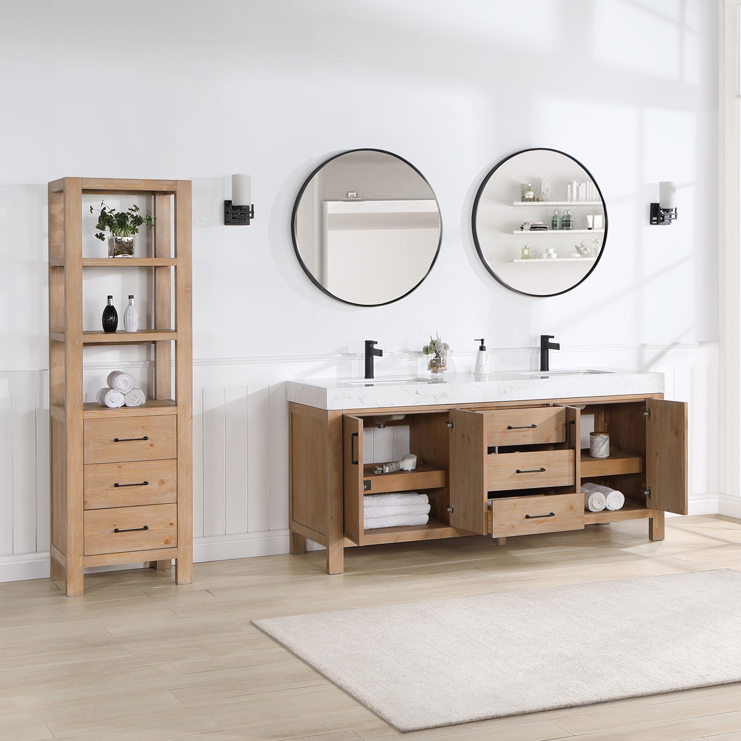 Vinnova Design León 72in. Free standing Double Bathroom Vanity in Fir Wood Brown with Composite top in Lightning White - New Star Living