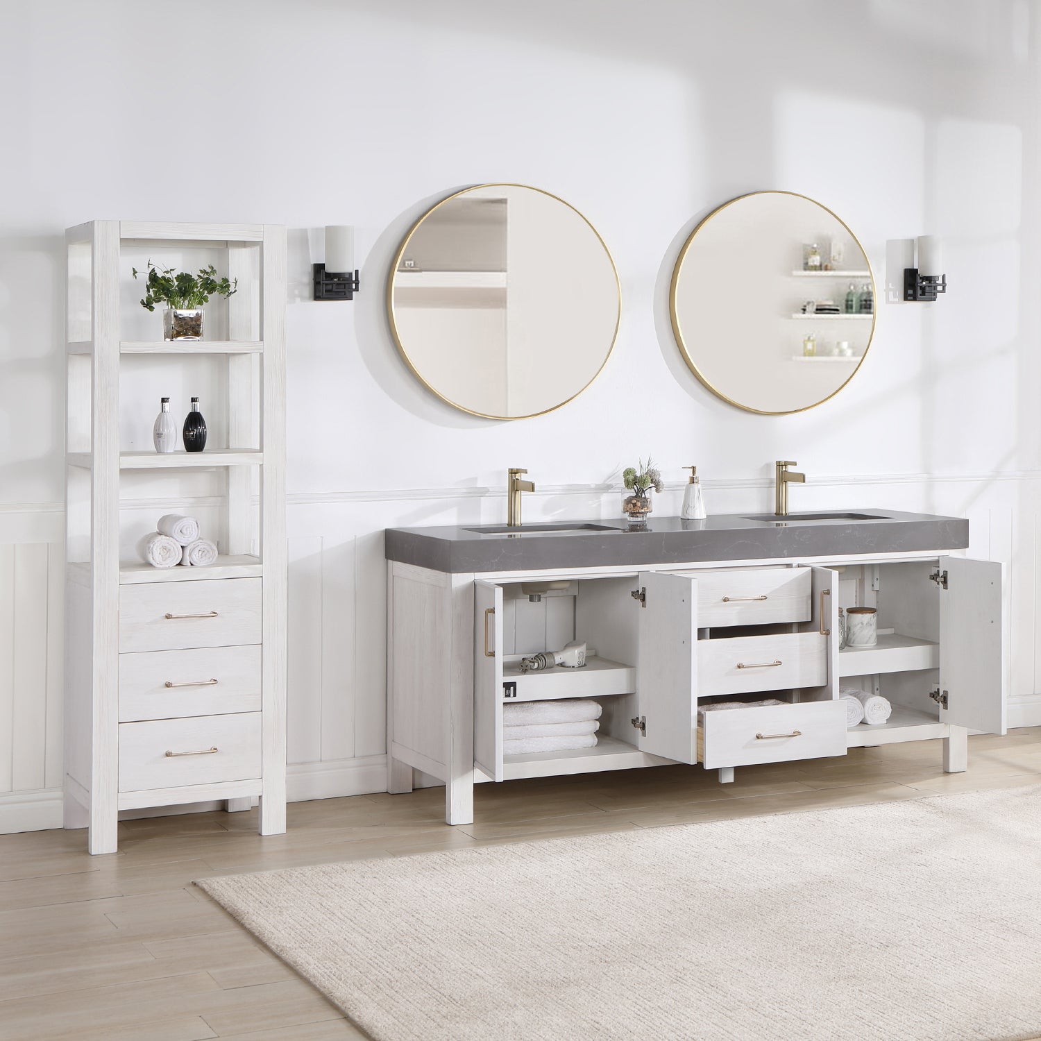 Vinnova Design León 72in. Free standing Double Bathroom Vanity in Fir Wood White with Composite top in Reticulated Grey - New Star Living