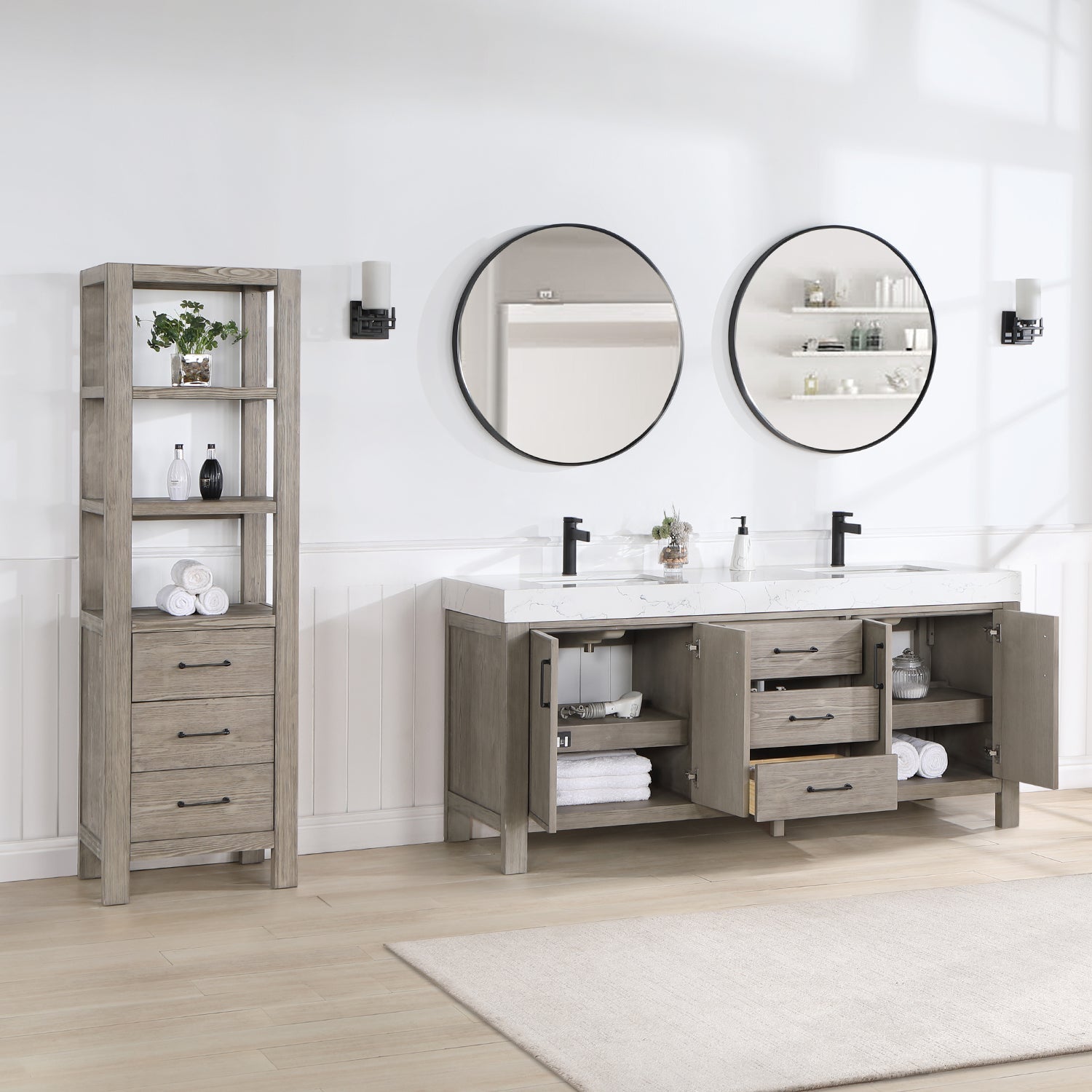 Vinnova Design León 72in. Free standing Double Bathroom Vanity in Fir Wood Grey with Composite top in Lightning White - New Star Living