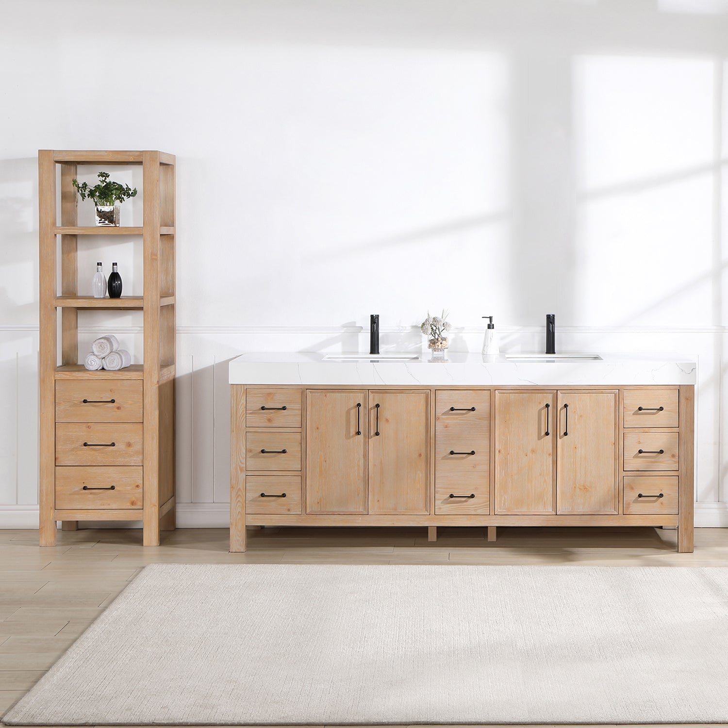 Vinnova Design León 84in. Free standing Double Bathroom Vanity in Fir Wood Brown with Composite top in Lightning White - New Star Living