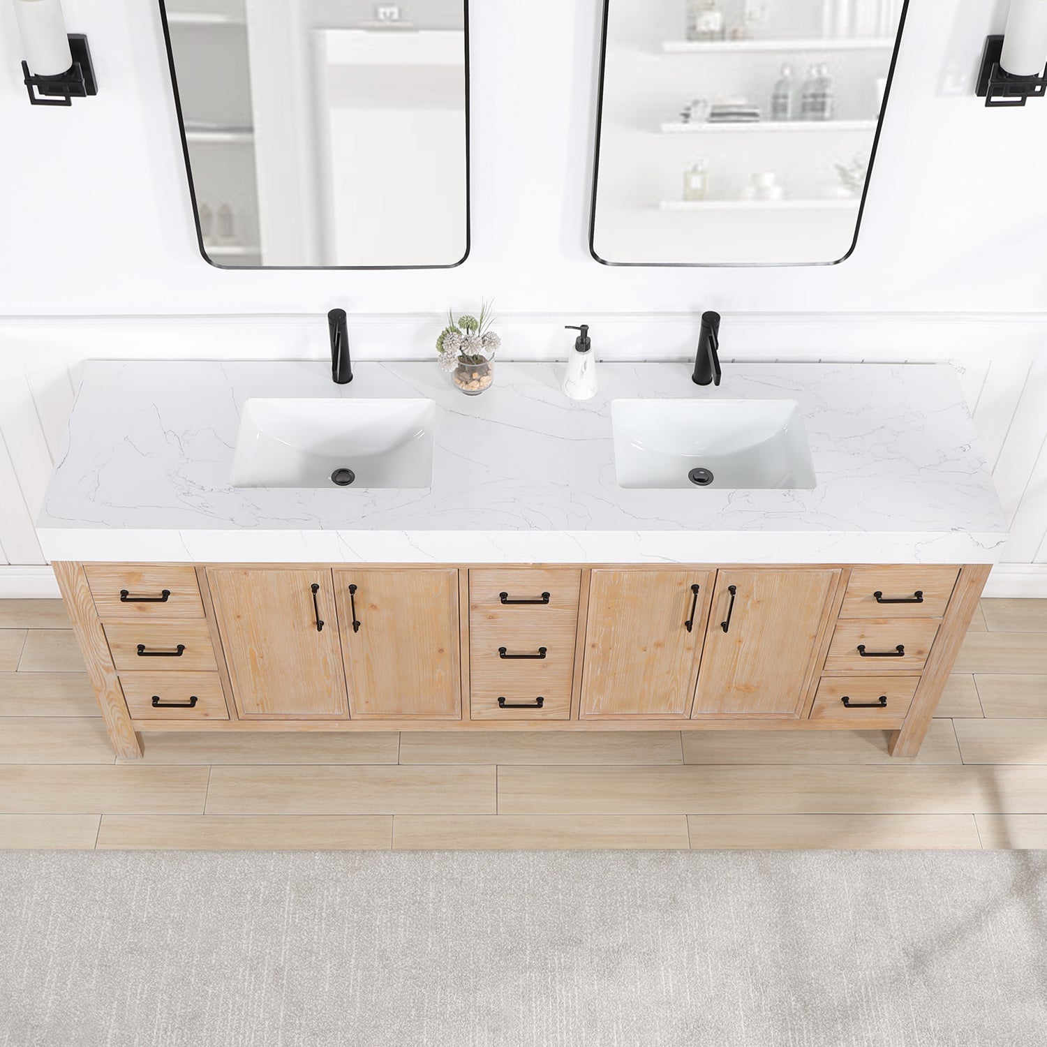 Vinnova Design León 84in. Free standing Double Bathroom Vanity in Fir Wood Brown with Composite top in Lightning White - New Star Living