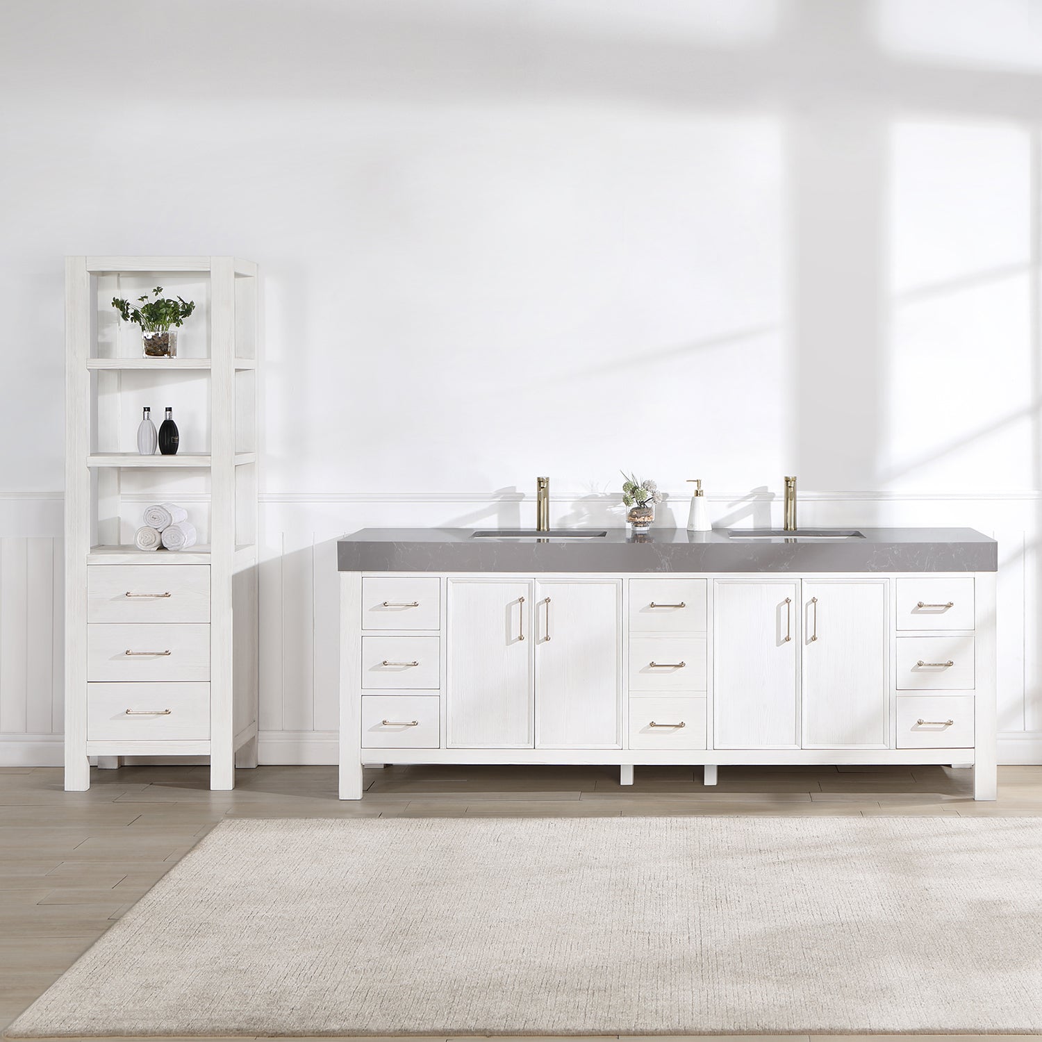 Vinnova Design León 84in. Free standing Double Bathroom Vanity in Fir Wood White with Composite top in Reticulated Grey - New Star Living