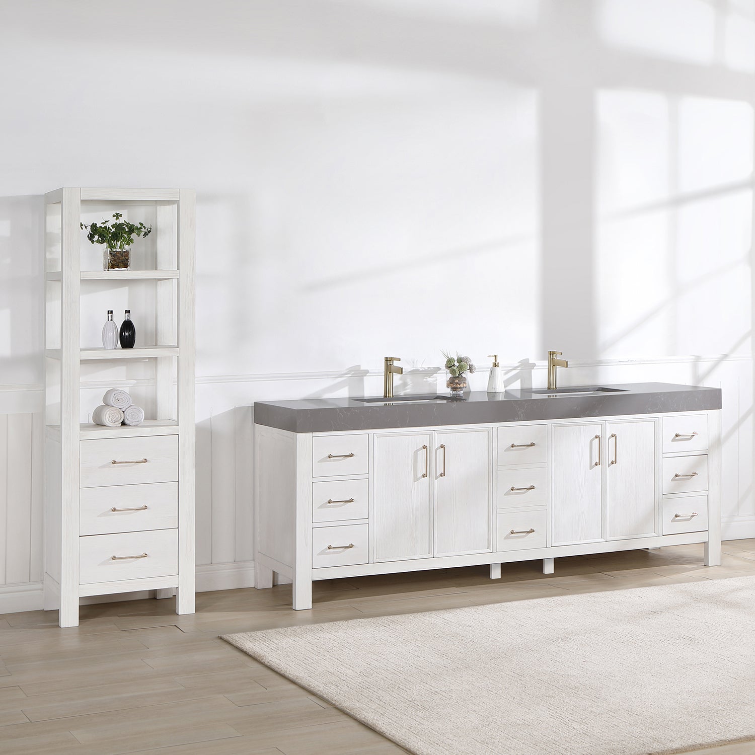 Vinnova Design León 84in. Free standing Double Bathroom Vanity in Fir Wood White with Composite top in Reticulated Grey - New Star Living