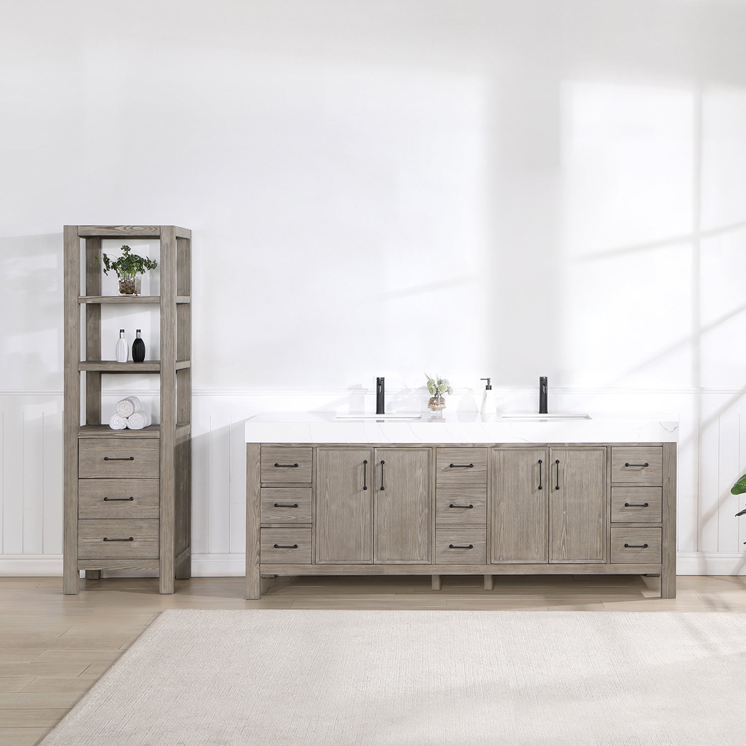 Vinnova Design León 84in. Free standing Double Bathroom Vanity in Fir Wood Grey with Composite top in Lightning White - New Star Living