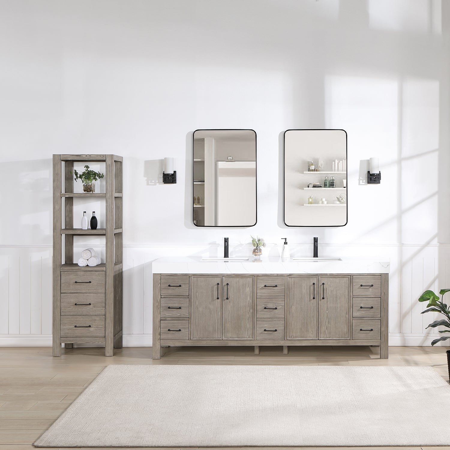 Vinnova Design León 84in. Free standing Double Bathroom Vanity in Fir Wood Grey with Composite top in Lightning White - New Star Living