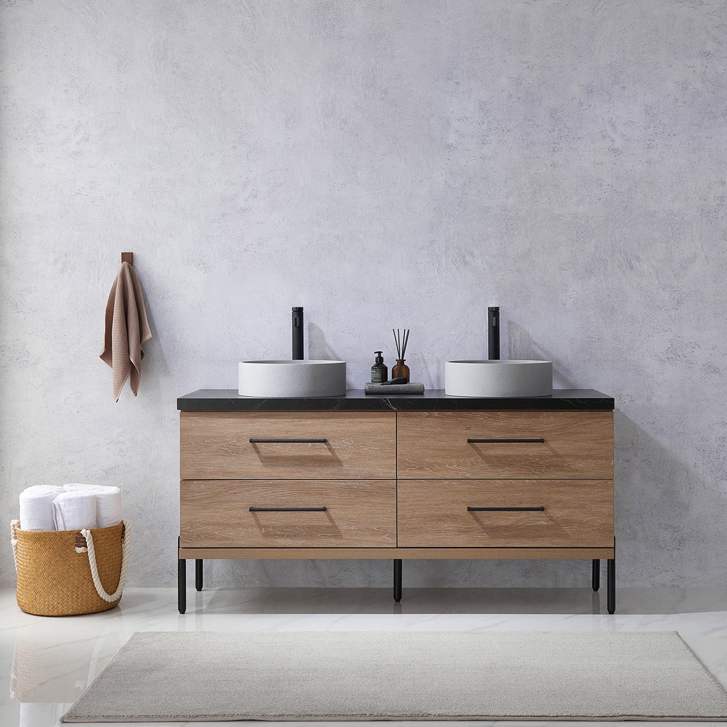 Vinnova Design Trento 60" Double Vanity in North American Oak with Black Sintered Stone Top with Circular Concrete Sink - New Star Living