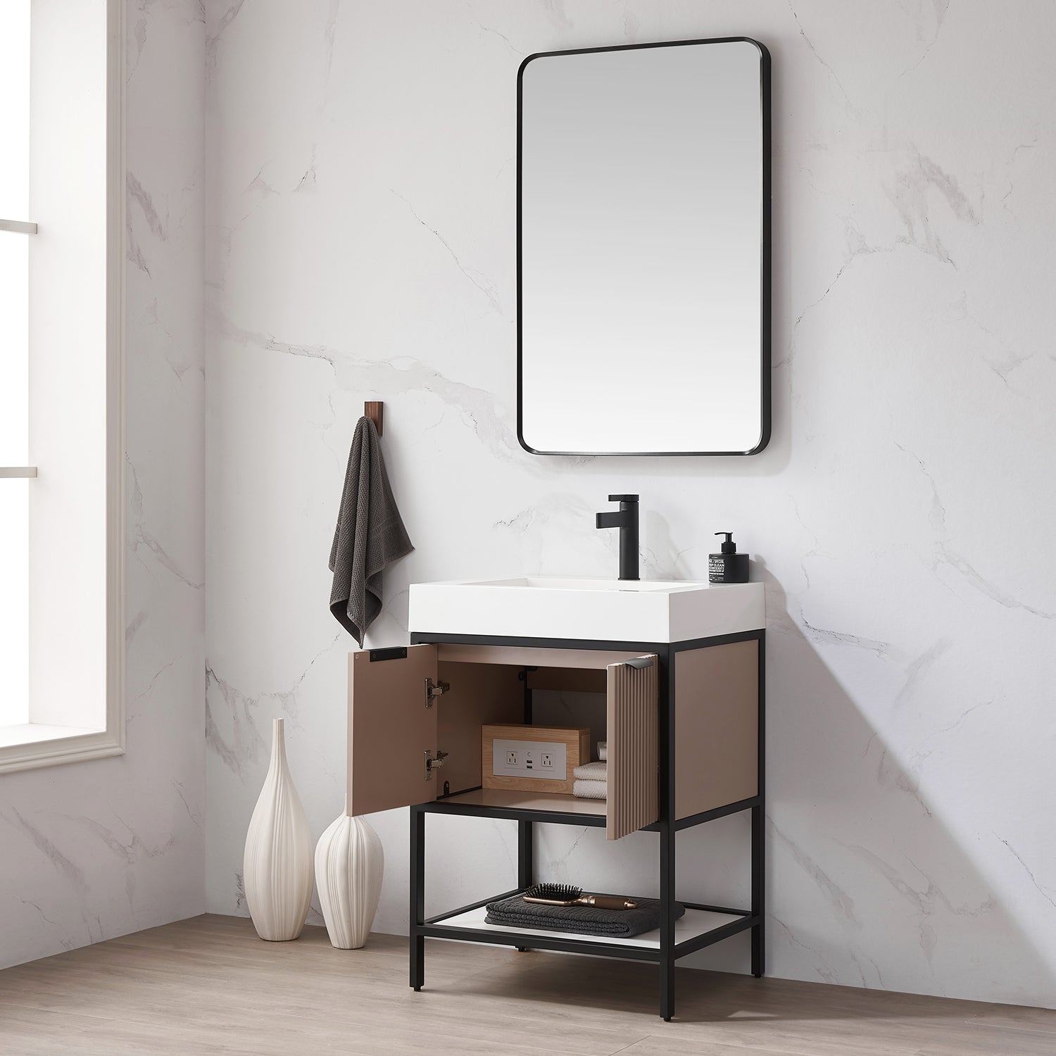 Vinnova Design Marcilla 24" Single Sink Bath Vanity in Almond Coffee with One Piece Composite Stone Sink Top - New Star Living