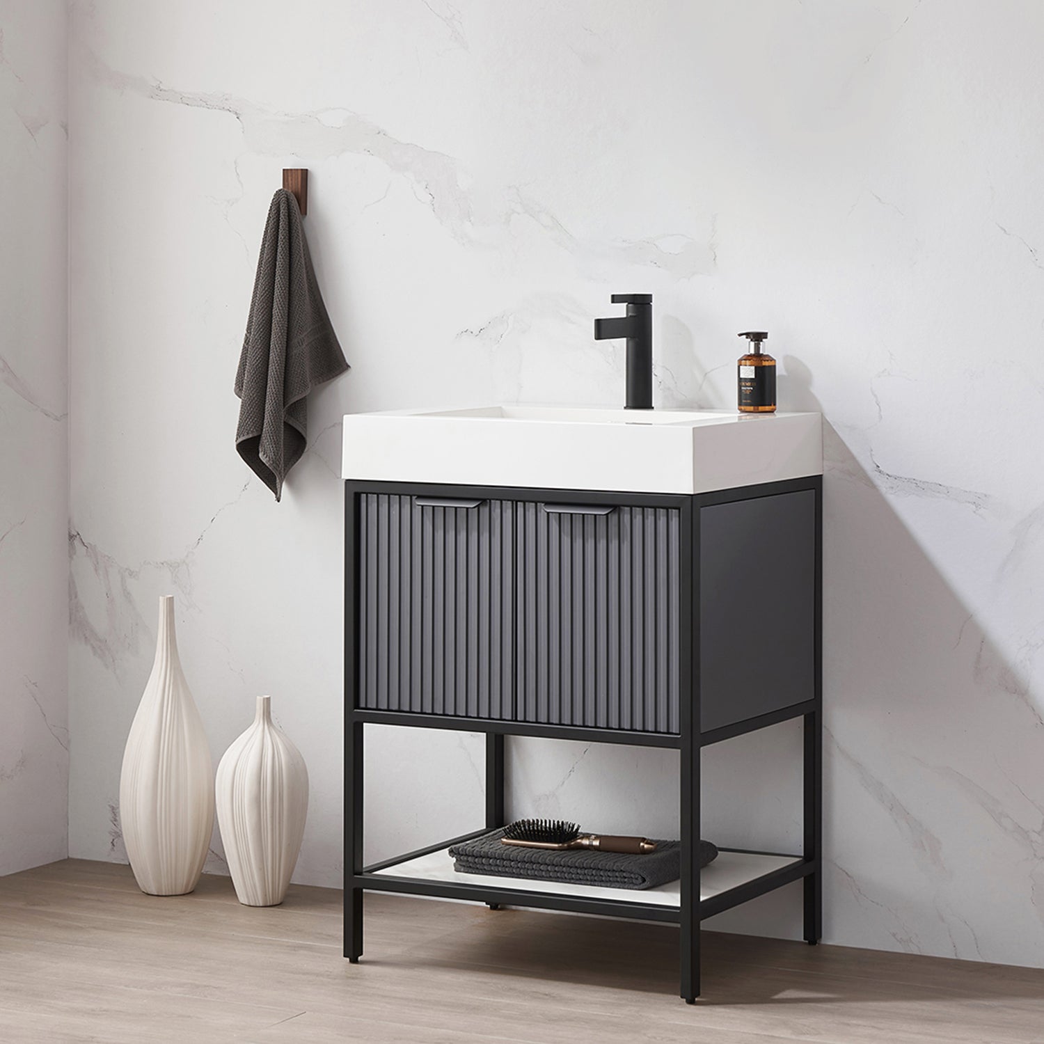 Vinnova Design Marcilla 24" Single Sink Bath Vanity in Grey with One Piece Composite Stone Sink Top - New Star Living
