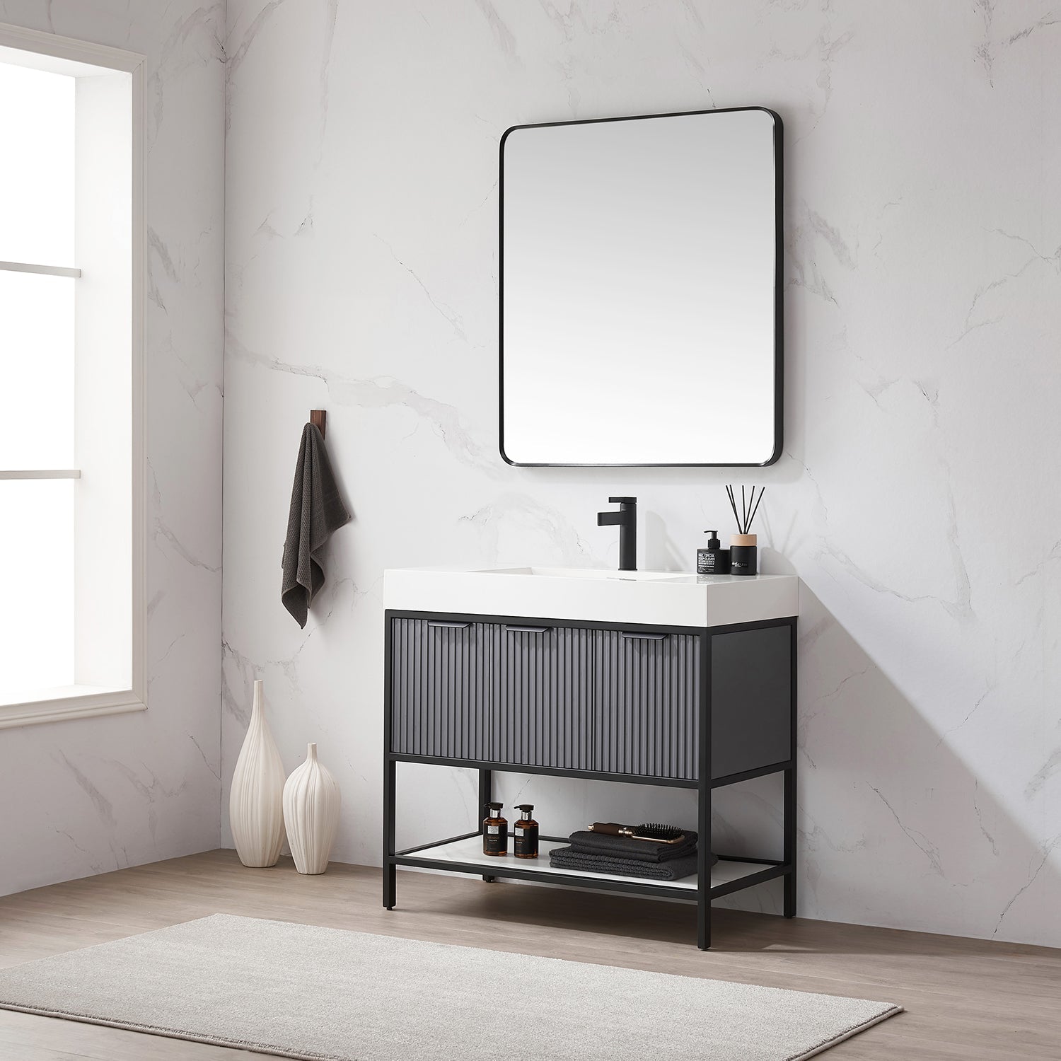 Vinnova Design Marcilla 36" Single Sink Bath Vanity in Grey with One Piece Composite Stone Sink Top - New Star Living