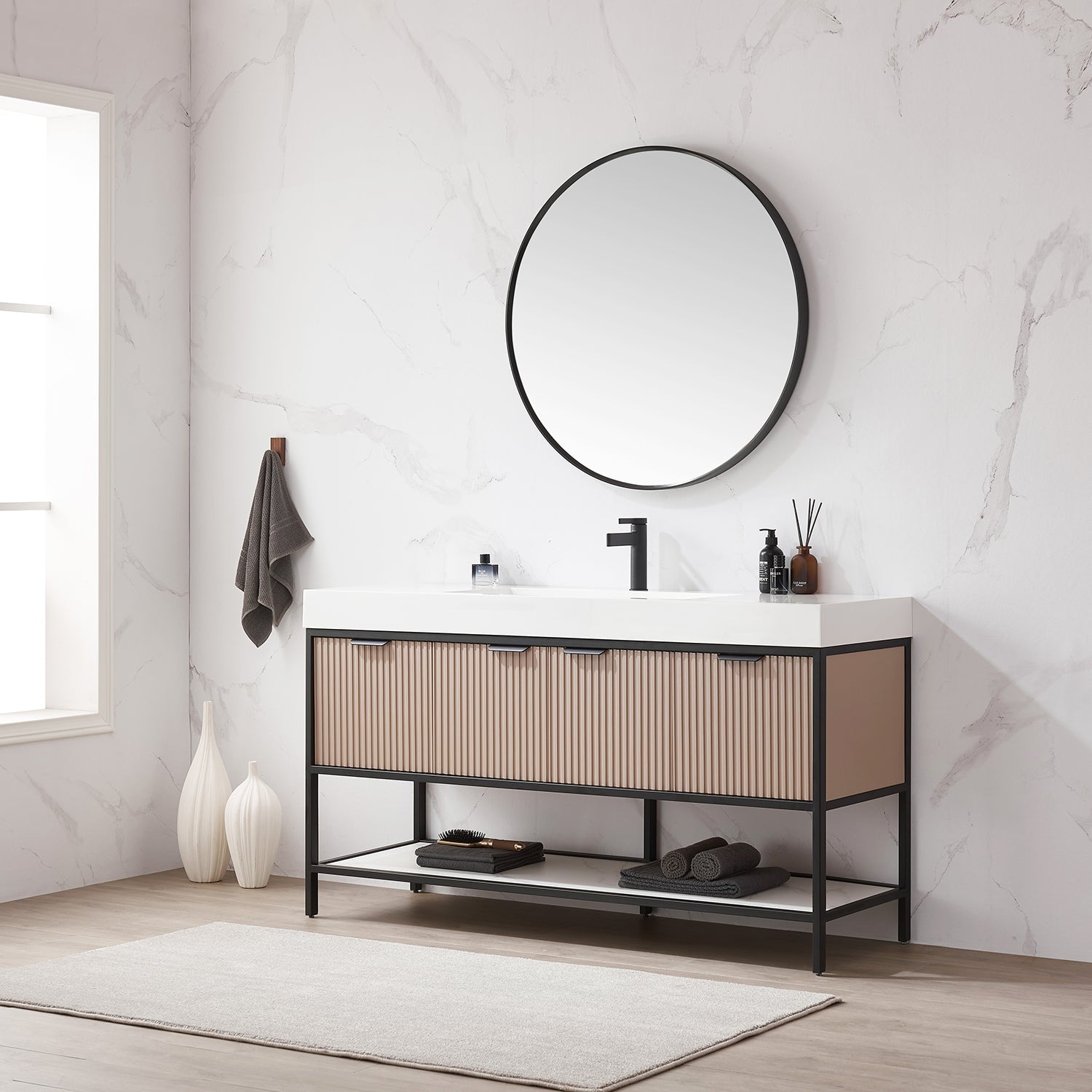 Vinnova Design Marcilla 60" Single Sink Bath Vanity in Almond Coffee with One Piece Composite Stone Sink Top - New Star Living