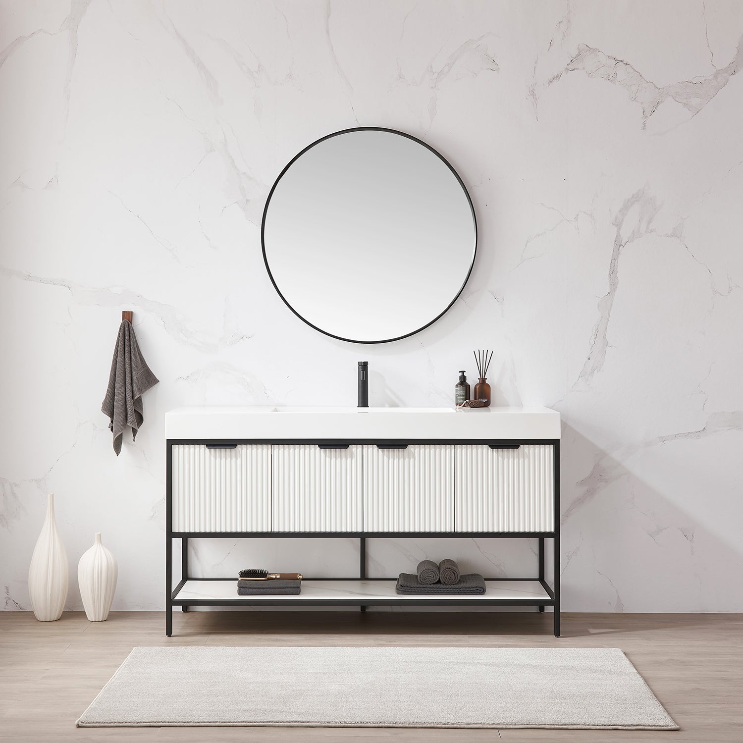 Vinnova Design Marcilla 60" Single Sink Bath Vanity in White with One Piece Composite Stone Sink Top - New Star Living