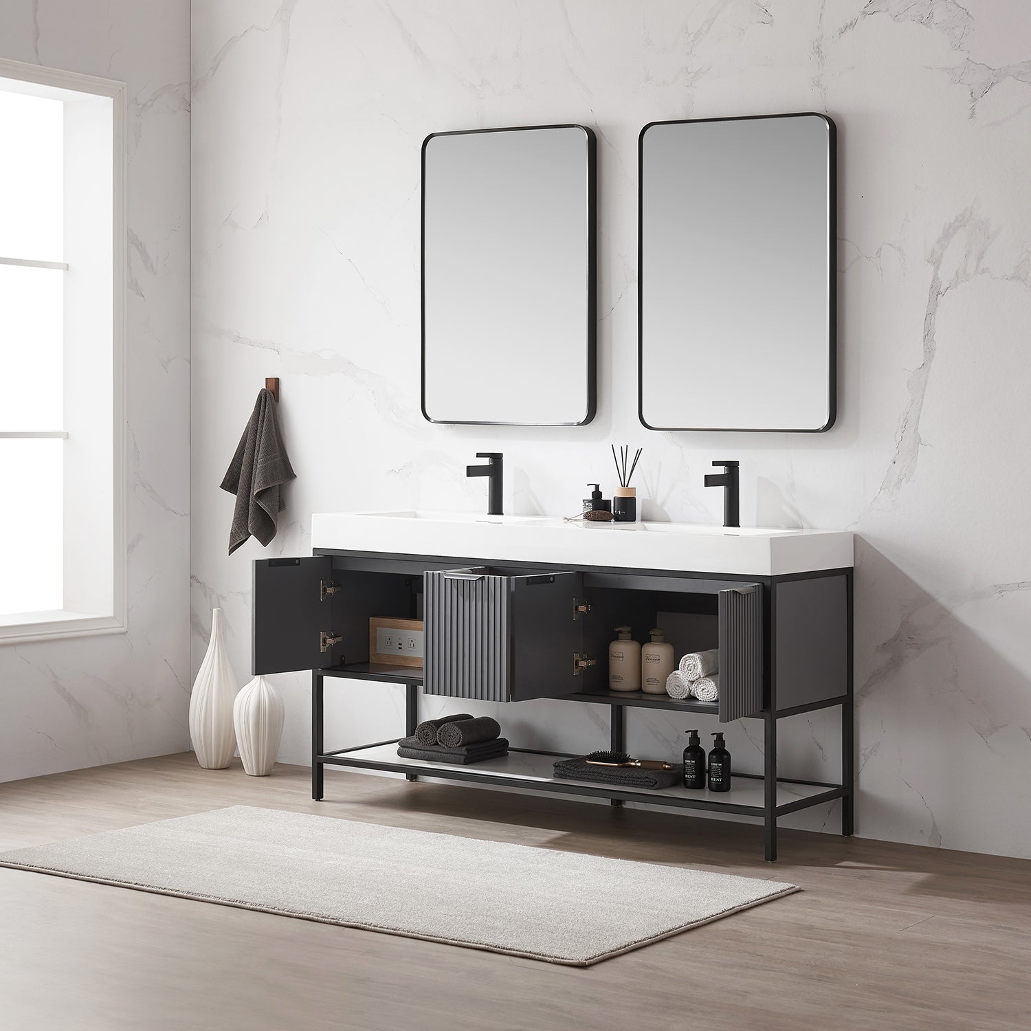 Vinnova Design Marcilla 60" Double Sink Bath Vanity in Grey with One Piece Composite Stone Sink Top - New Star Living