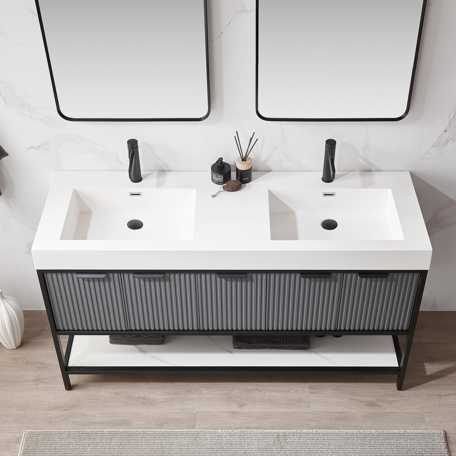 Vinnova Design Marcilla 60" Double Sink Bath Vanity in Grey with One Piece Composite Stone Sink Top - New Star Living