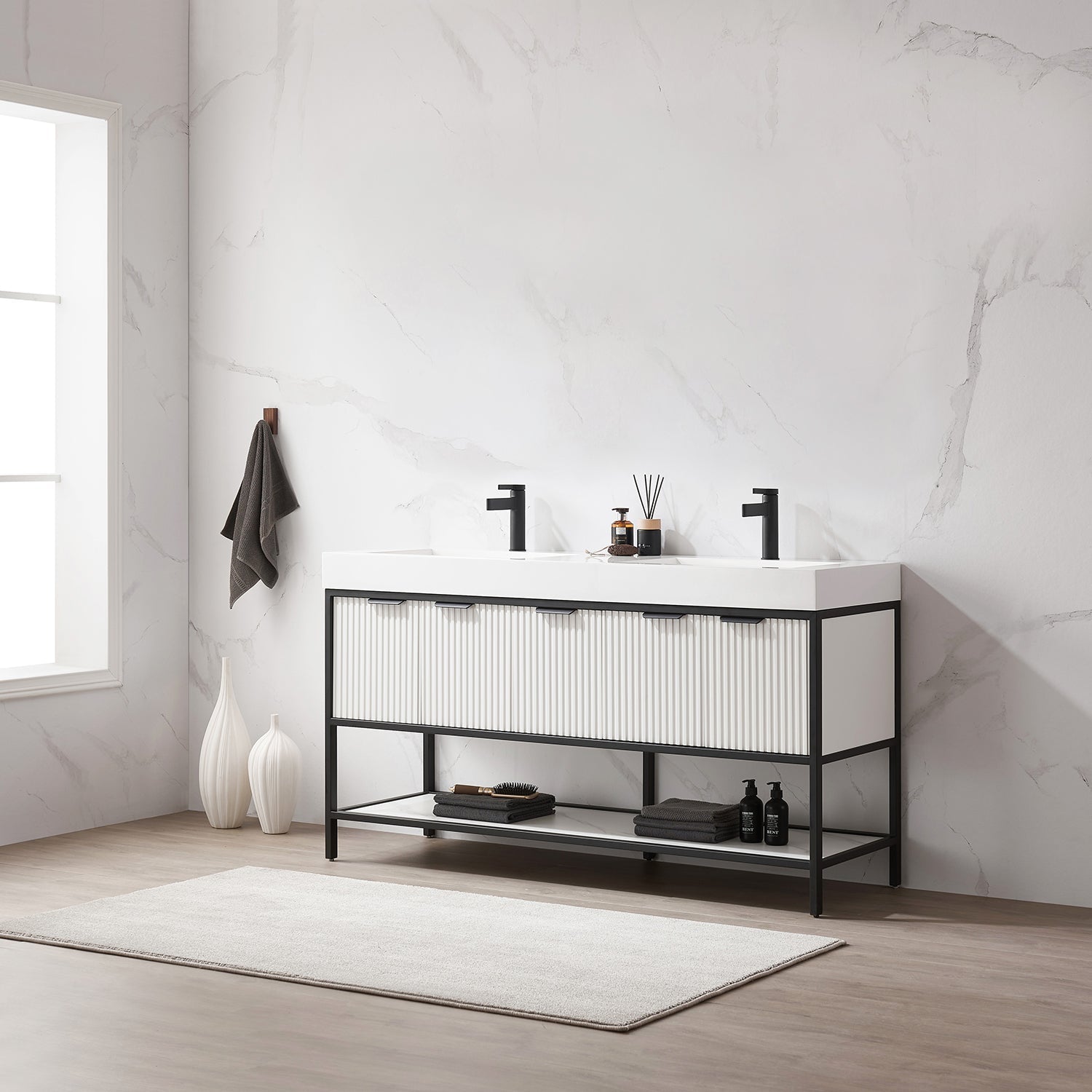Vinnova Design Marcilla 60" Double Sink Bath Vanity in White with One Piece Composite Stone Sink Top - New Star Living