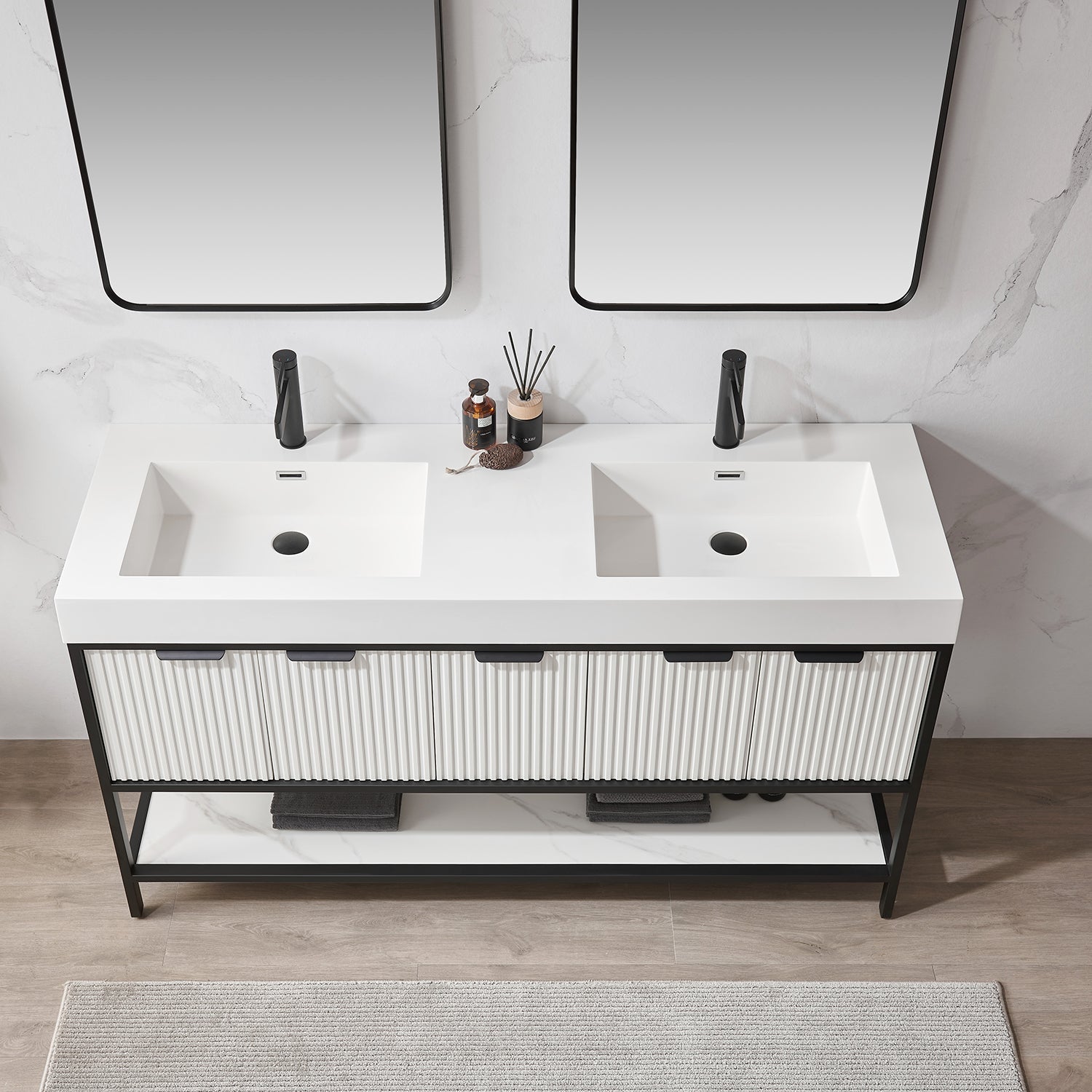 Vinnova Design Marcilla 60" Double Sink Bath Vanity in White with One Piece Composite Stone Sink Top - New Star Living