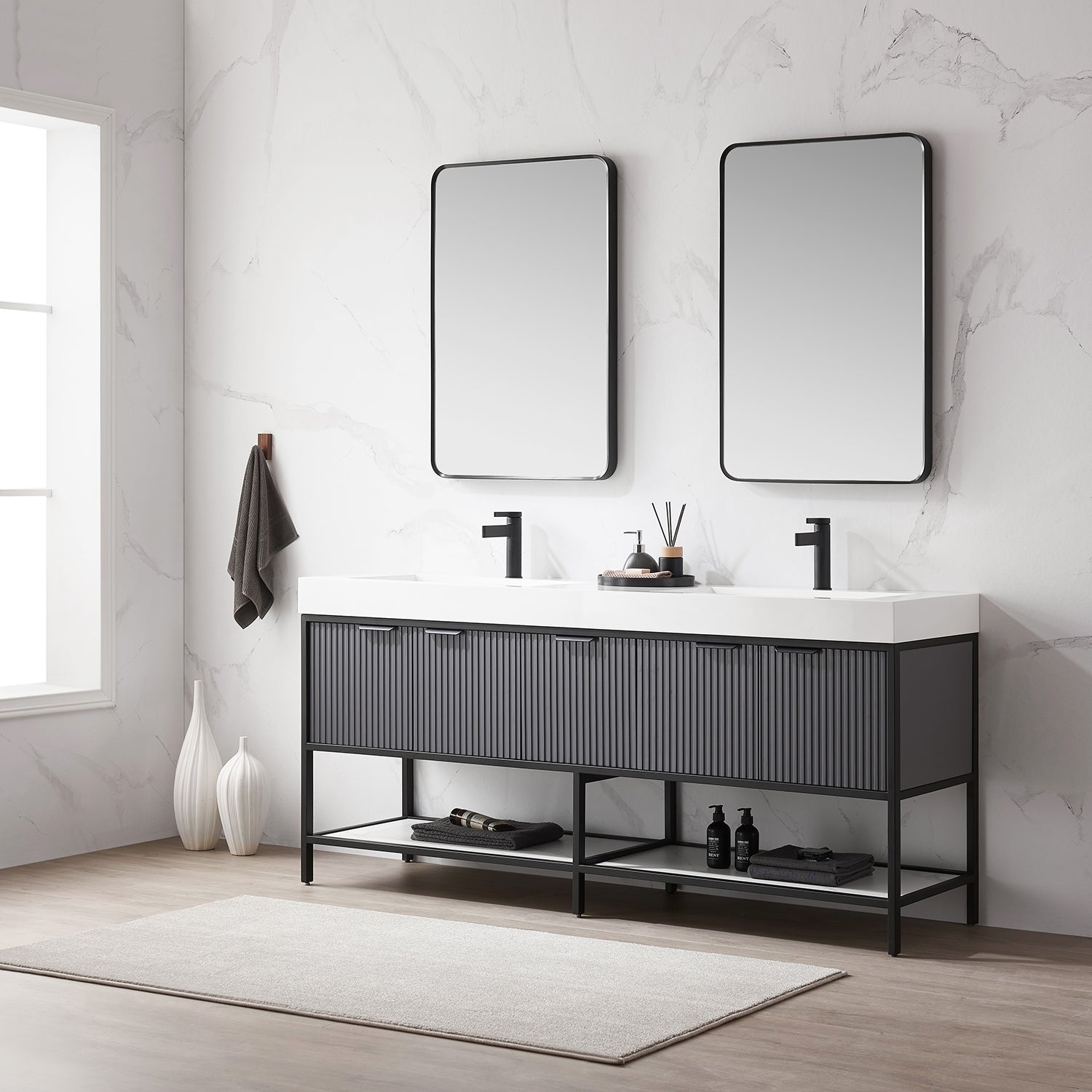 Vinnova Design Marcilla 72" Double Sink Bath Vanity in Grey with One Piece Composite Stone Sink Top - New Star Living