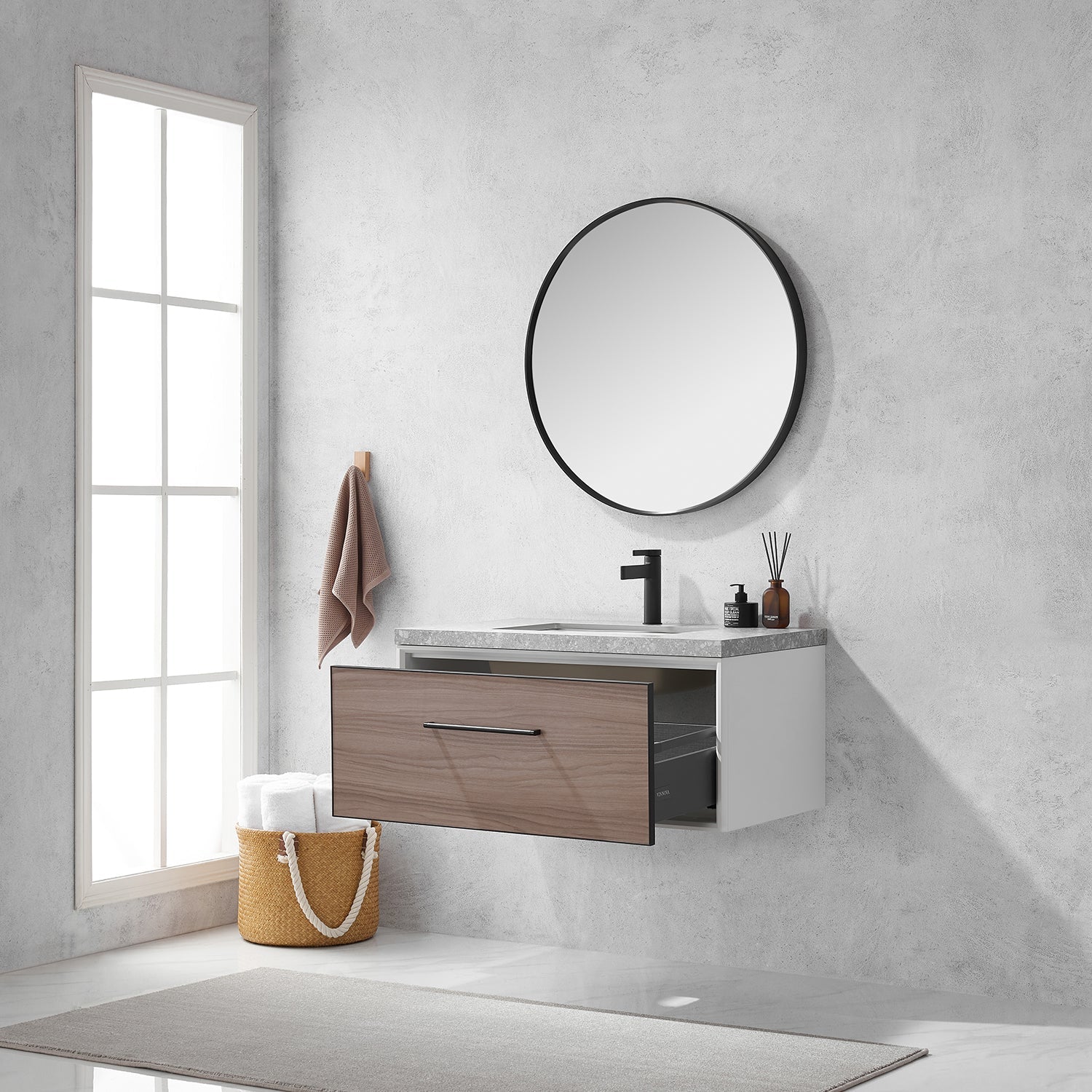 Vinnova Design Caparroso 36" Single Sink Bath Vanity in Light Walnut with Grey Sintered Stone Top - New Star Living