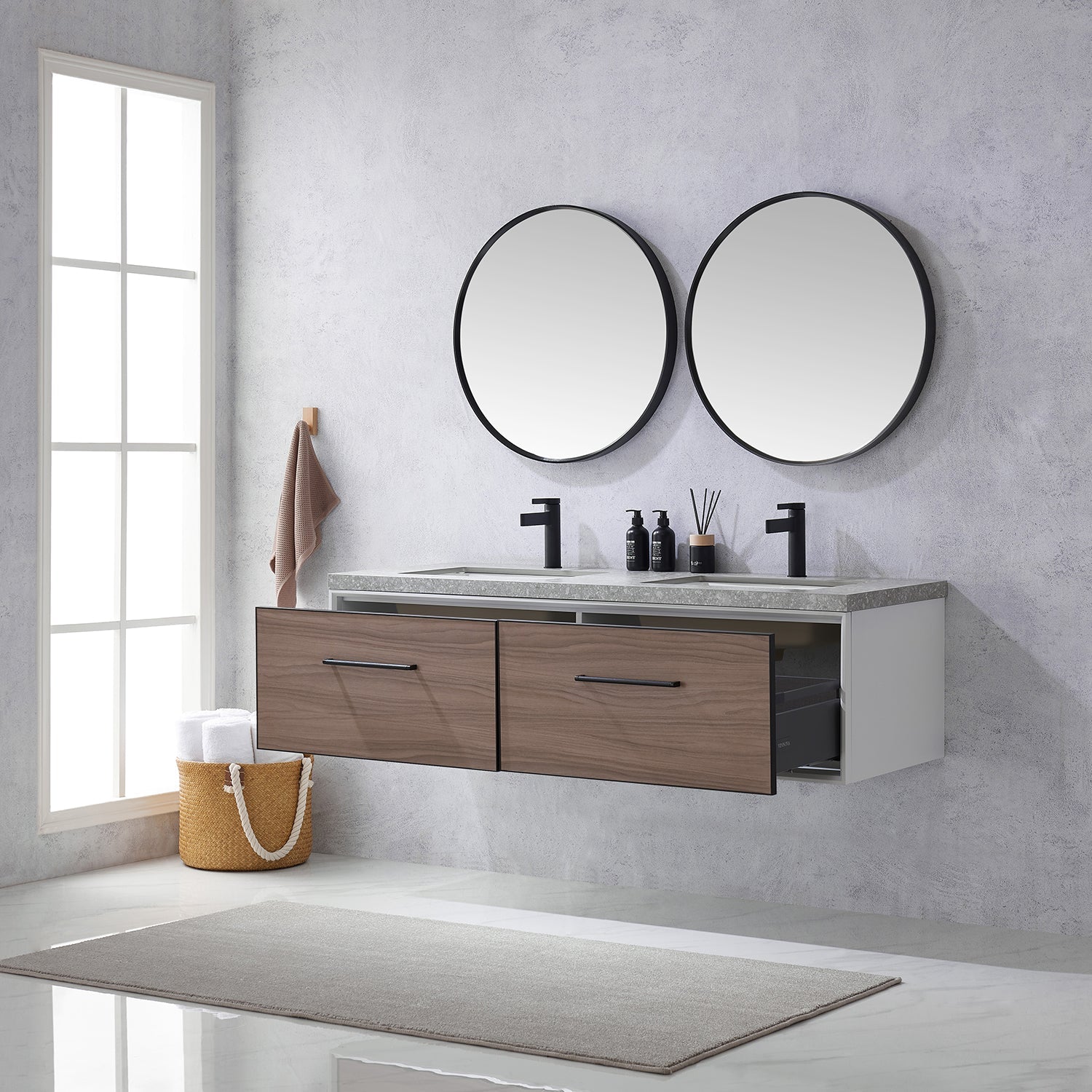 Vinnova Design Caparroso 60" Double Sink Bath Vanity in Light Walnut with Grey Sintered Stone Top - New Star Living