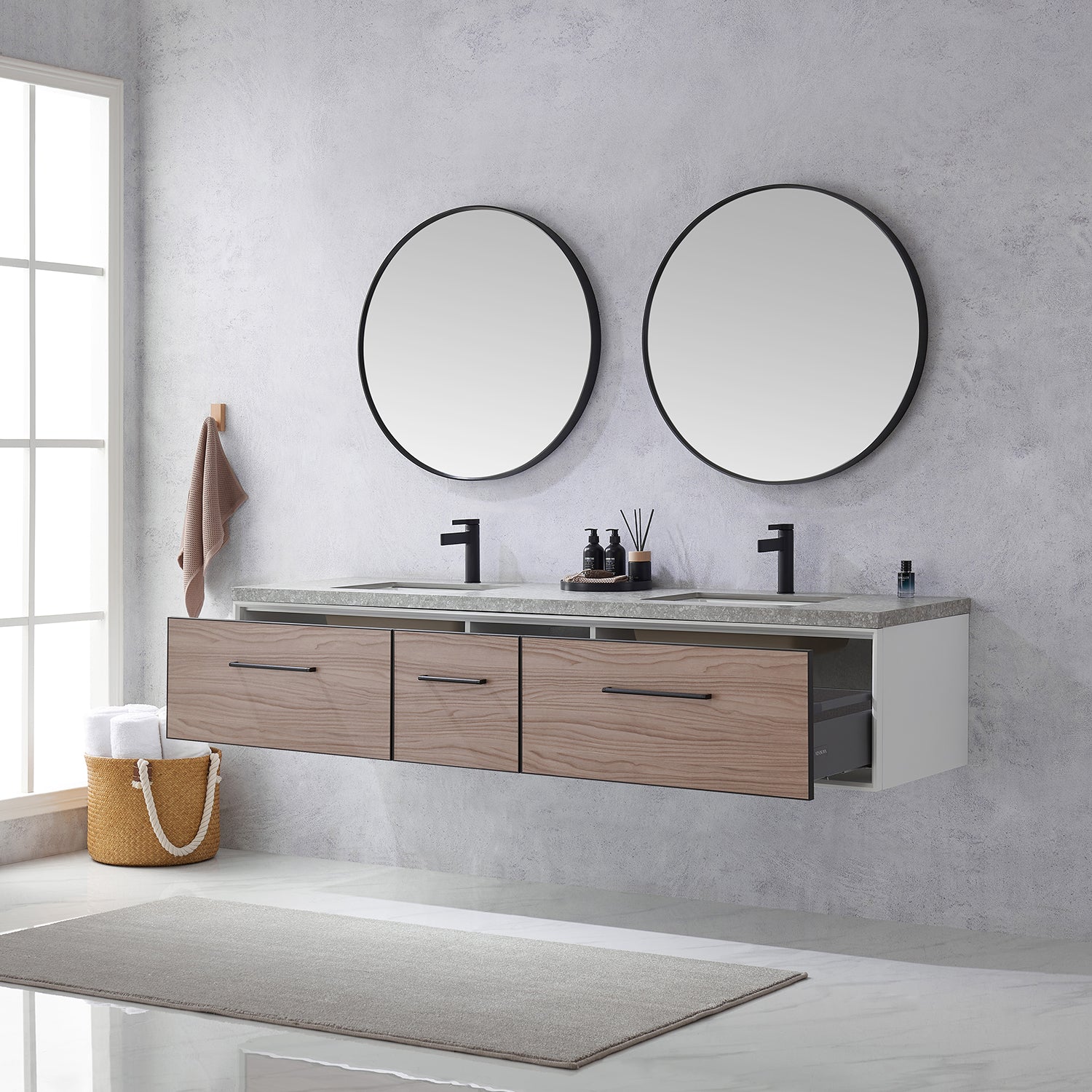 Vinnova Design Caparroso 84" Double Sink Bath Vanity in Light Walnut with Grey Sintered Stone Top - New Star Living