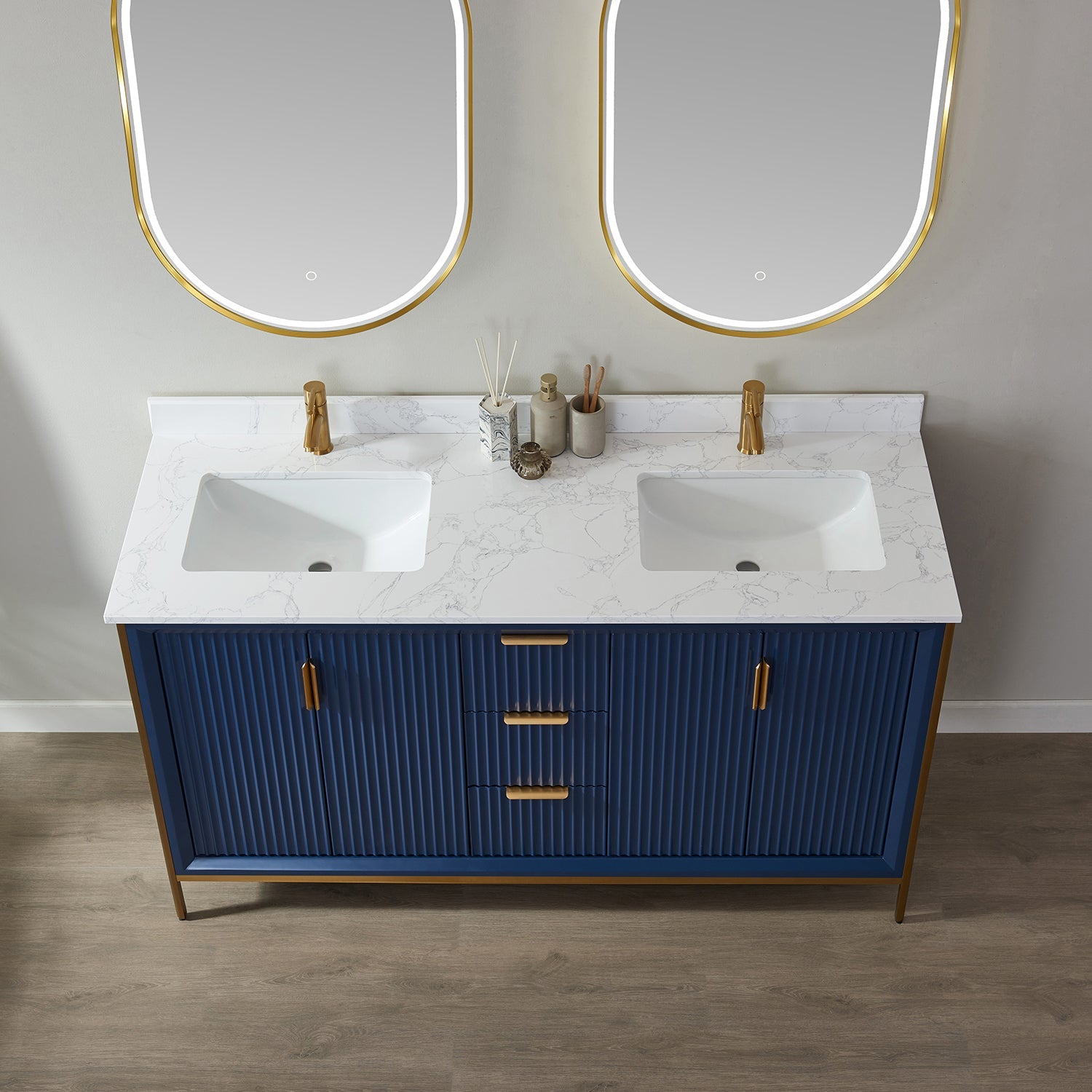 Vinnova Design Granada 60" Double Vanity in Royal Blue with White Composite Grain Stone Countertop - New Star Living