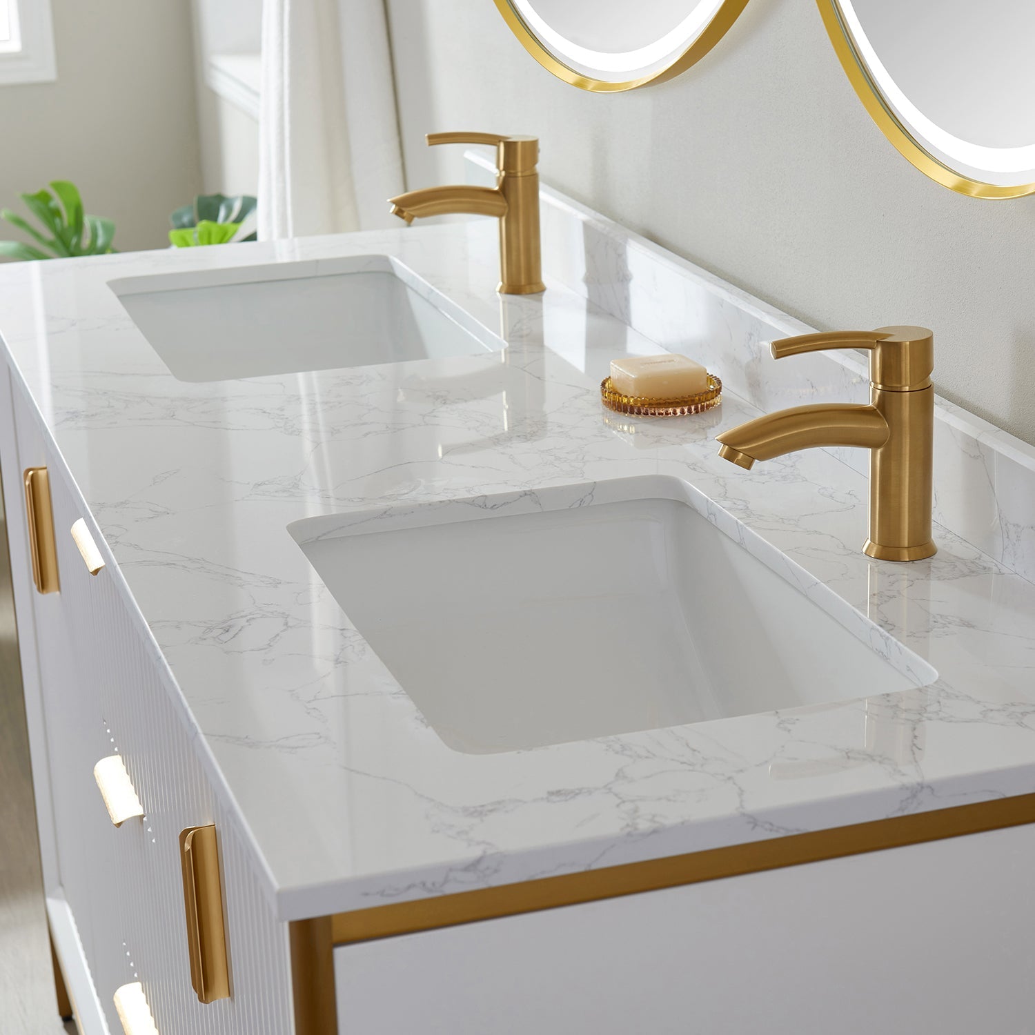 Vinnova Design Granada 60" Double Vanity in White with White Composite Grain Stone Countertop - New Star Living
