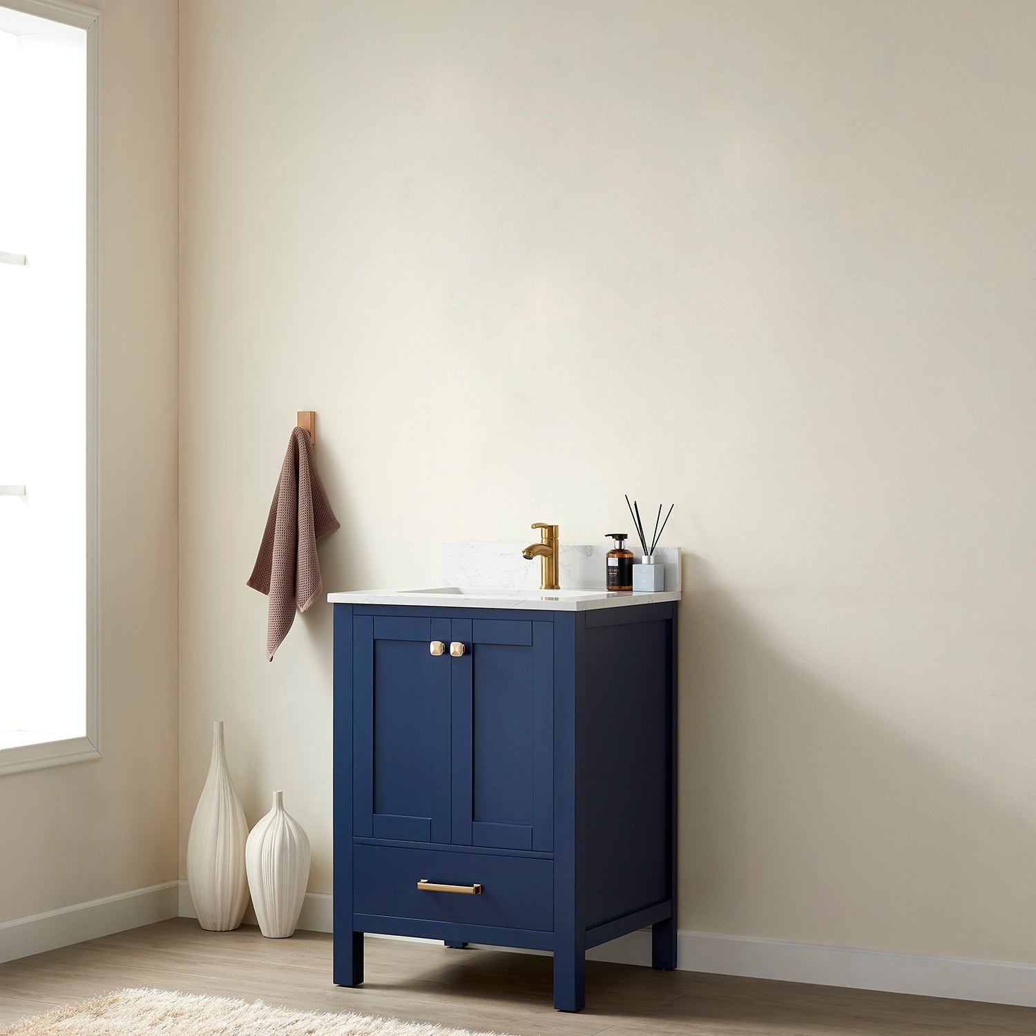 Vinnova Design Shannon 24" Single Vanity in Royal Blue and Composite Carrara White Stone Countertop - New Star Living