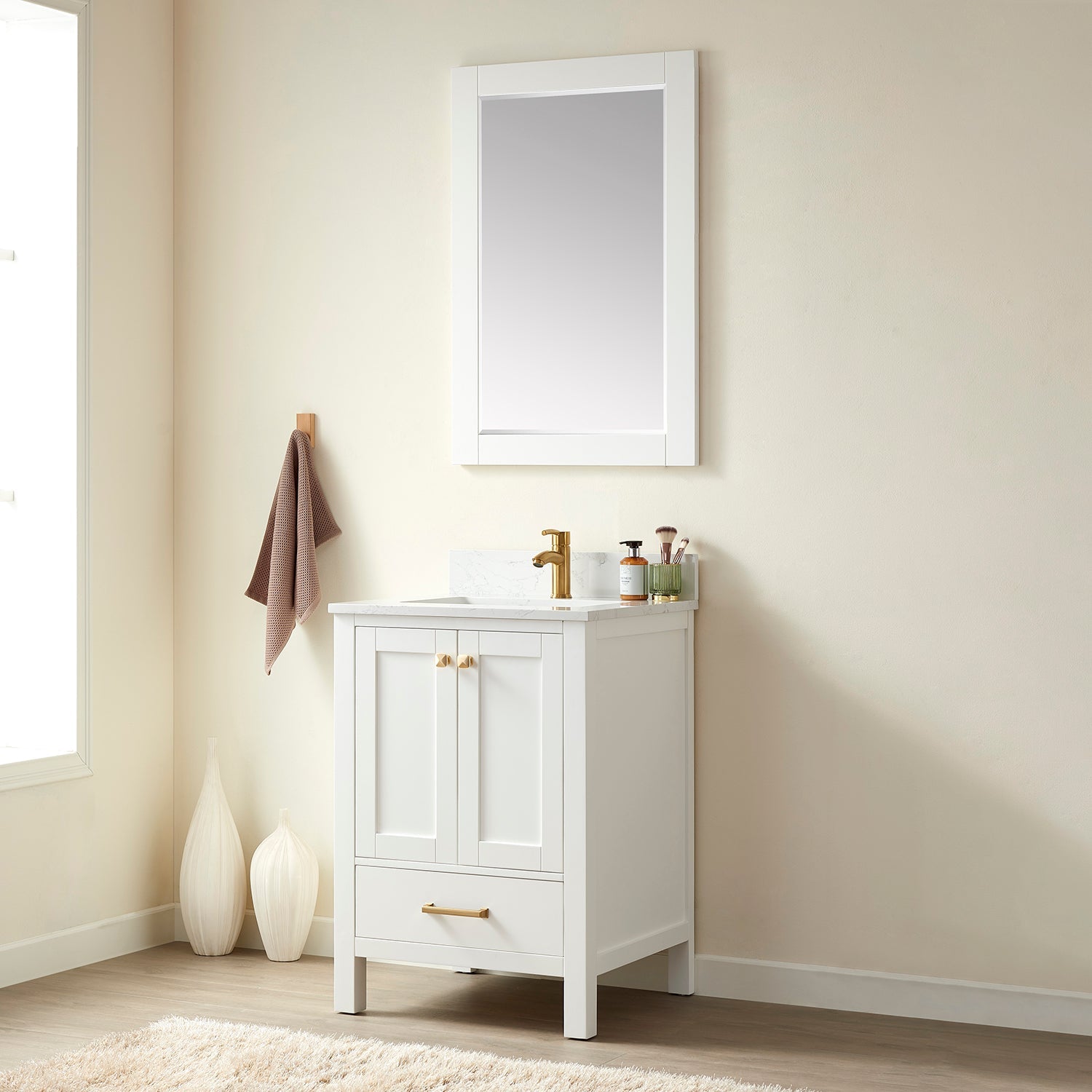 Vinnova Design Shannon 24" Single Vanity in White and Composite White Carrara Stone Countertop - New Star Living