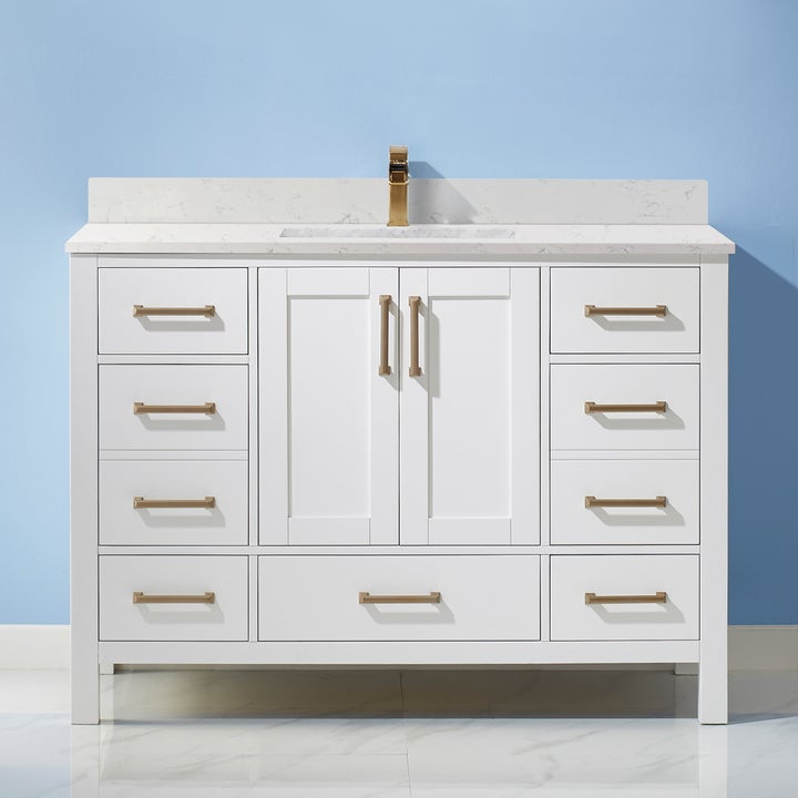 Vinnova Shannon 48" Single Vanity in White and Composite Carrara White Stone Countertop Without Mirror - 785048-WH-WS-NM - New Star Living