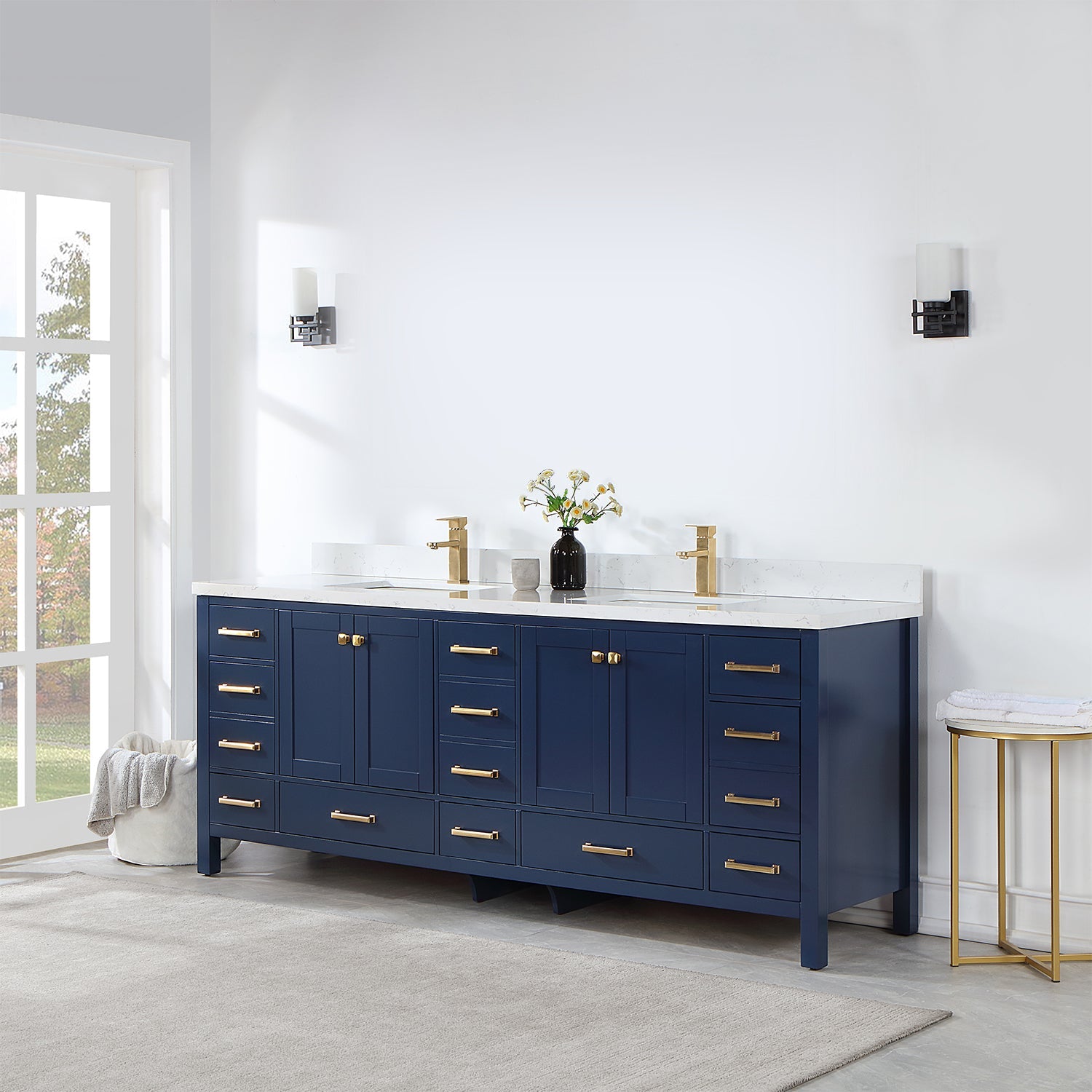 Vinnova Design Shannon 84" Double Vanity in Royal Blue and Composite Carrara White Stone Countertop - New Star Living
