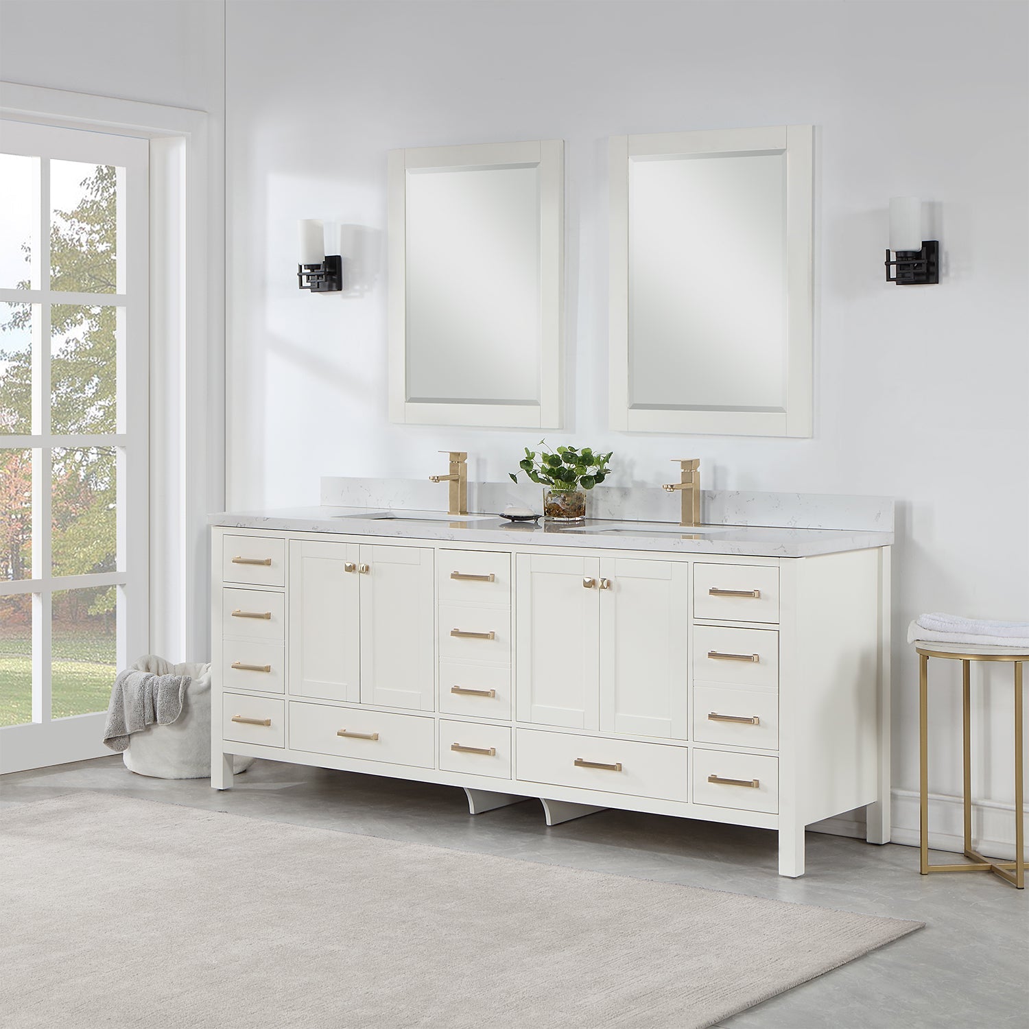 Vinnova Design Shannon 84" Double Vanity in White and Composite Carrara White Stone Countertop - New Star Living