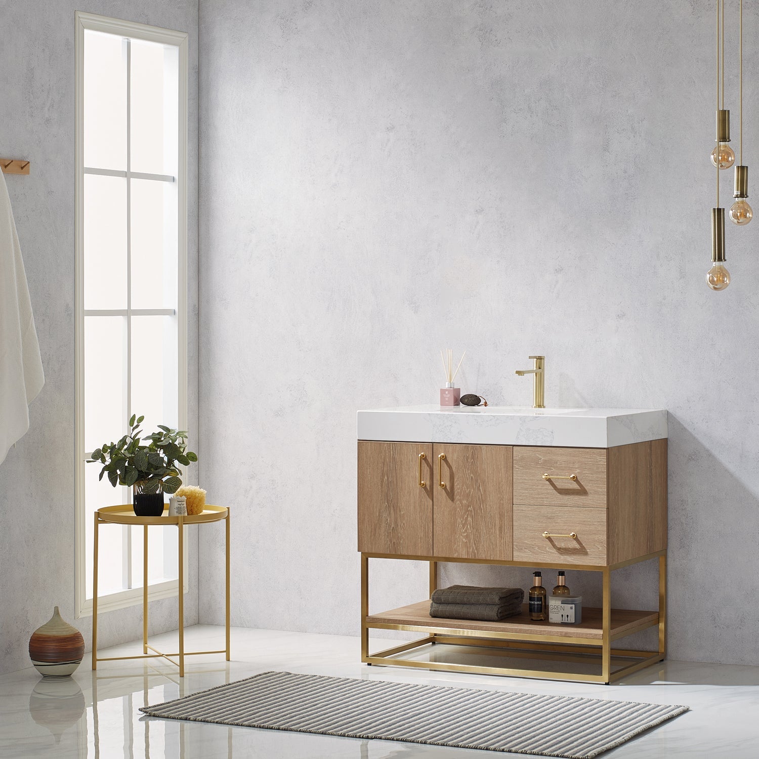 Vinnova Design Alistair 36" Single Vanity in North American Oak with White Grain Stone Countertop - New Star Living