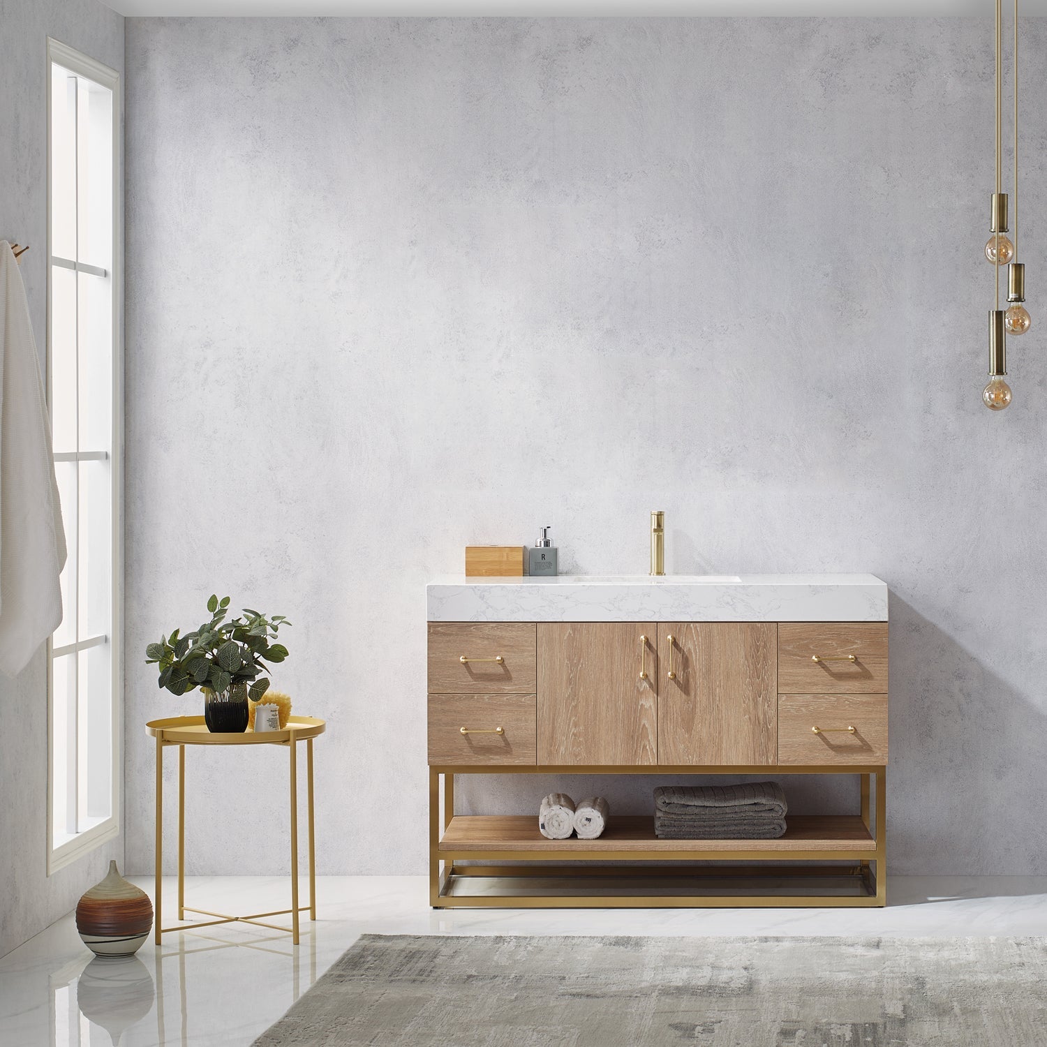 Vinnova Design Alistair 48" Single Vanity in North American Oak with White Grain Stone Countertop - New Star Living
