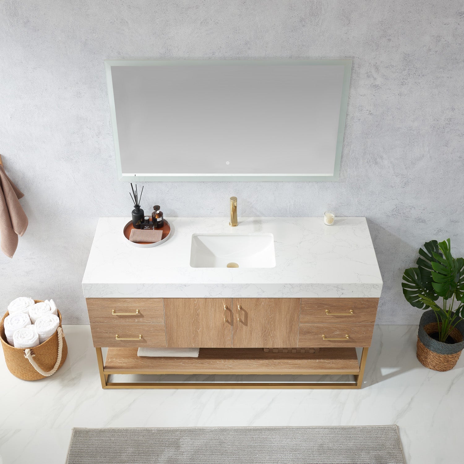 Vinnova Design Alistair 60S" Single Vanity in North American Oak with White Grain Stone Countertop - New Star Living