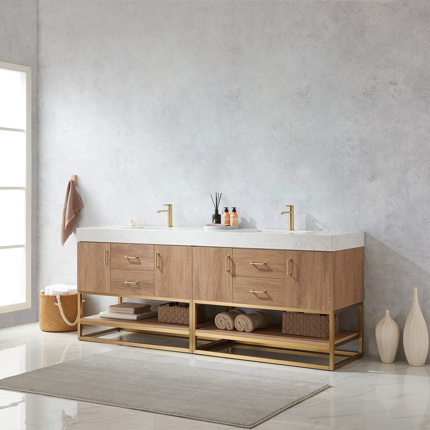 Vinnova Design Alistair 84" Double Vanity in North American Oak with White Grain Stone Countertop - New Star Living