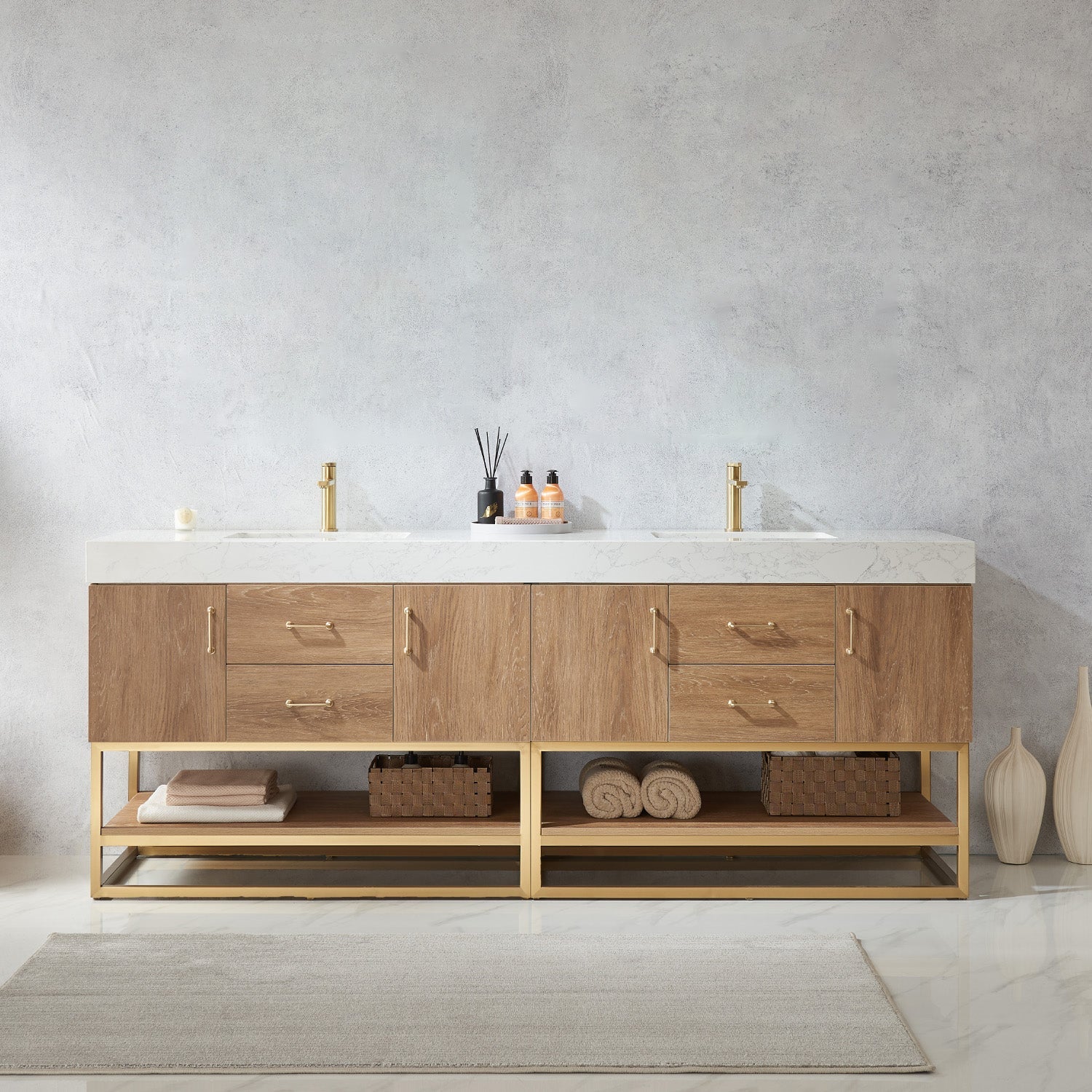 Vinnova Design Alistair 84" Double Vanity in North American Oak with White Grain Stone Countertop - New Star Living