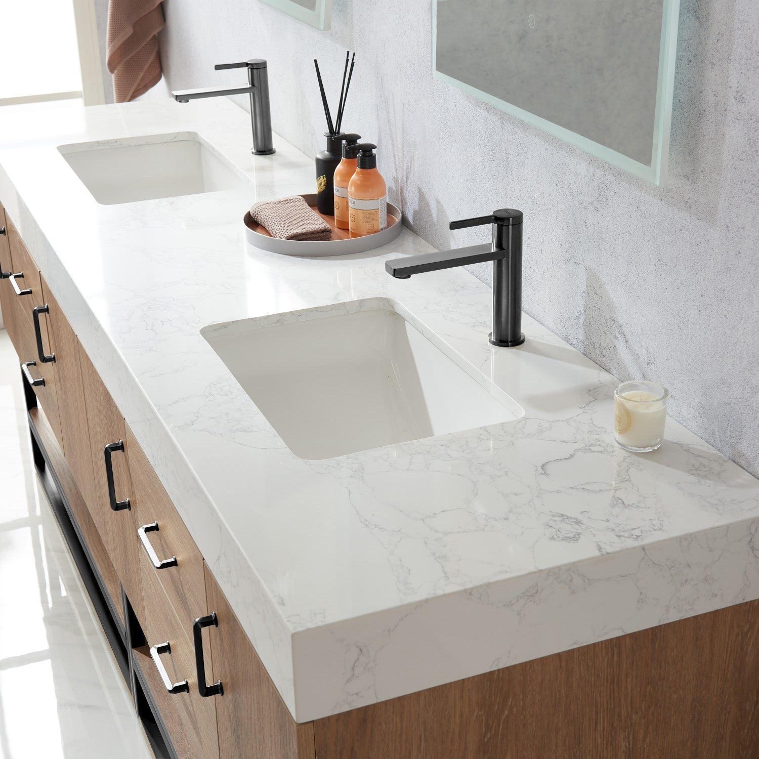 Vinnova Design Alistair 84B" Double Vanity in North American Oak with White Grain Stone Countertop - New Star Living