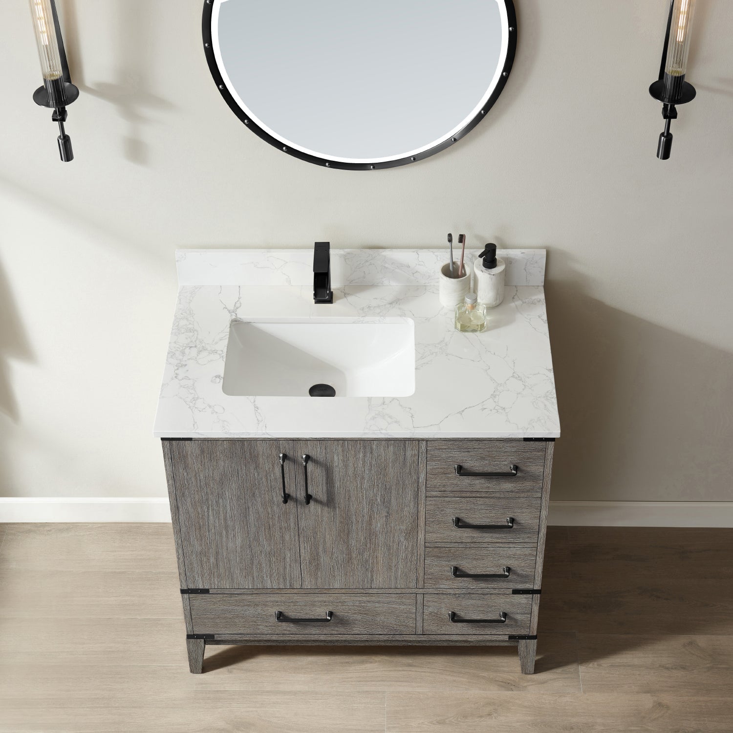 Vinnova Design Zaragoza Vanity in Classical Grey with White Composite Grain Stone Countertop - New Star Living