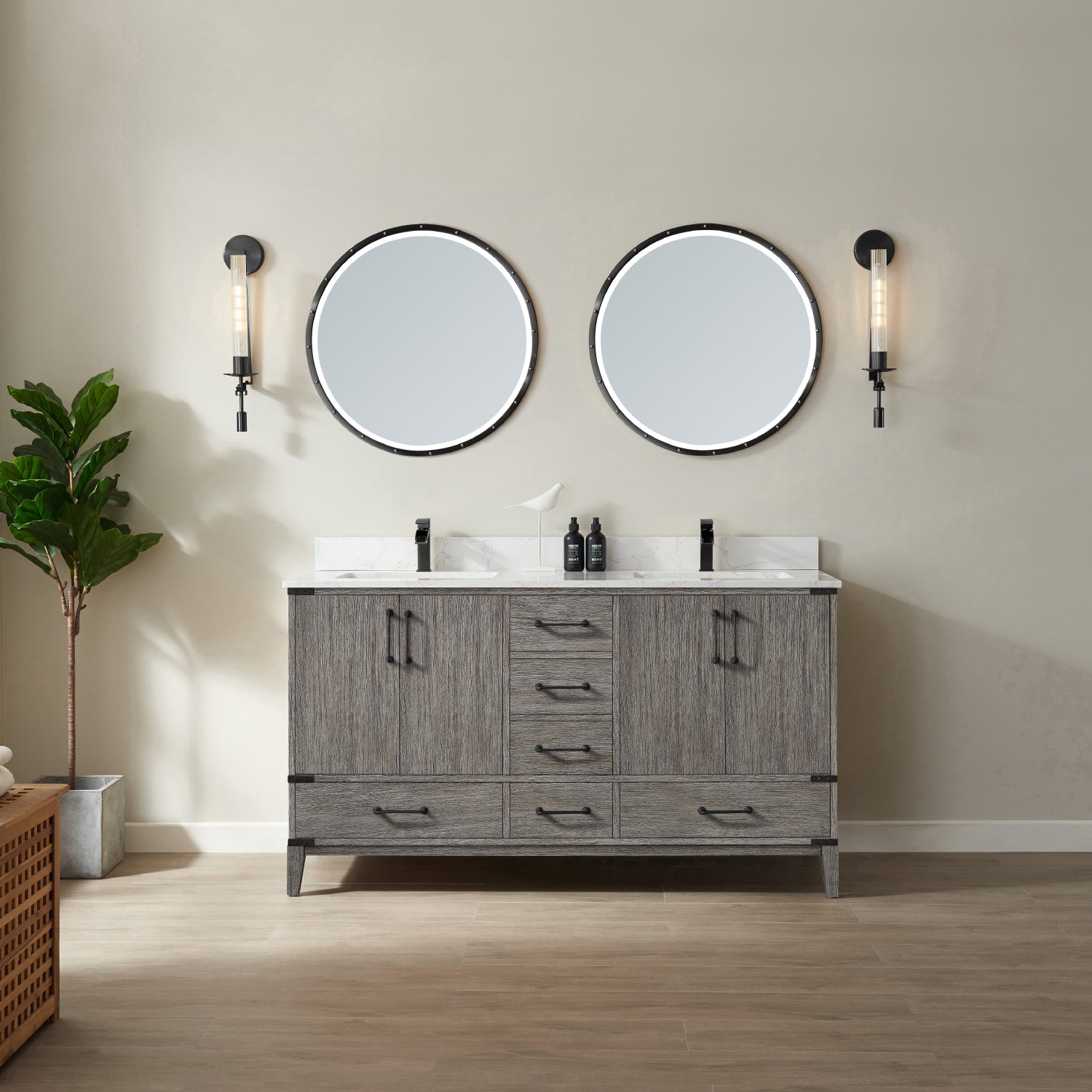 Vinnova Zaragoza Single Sink Bath Vanity in Classical Grey with White Composite Grain Stone Countertop