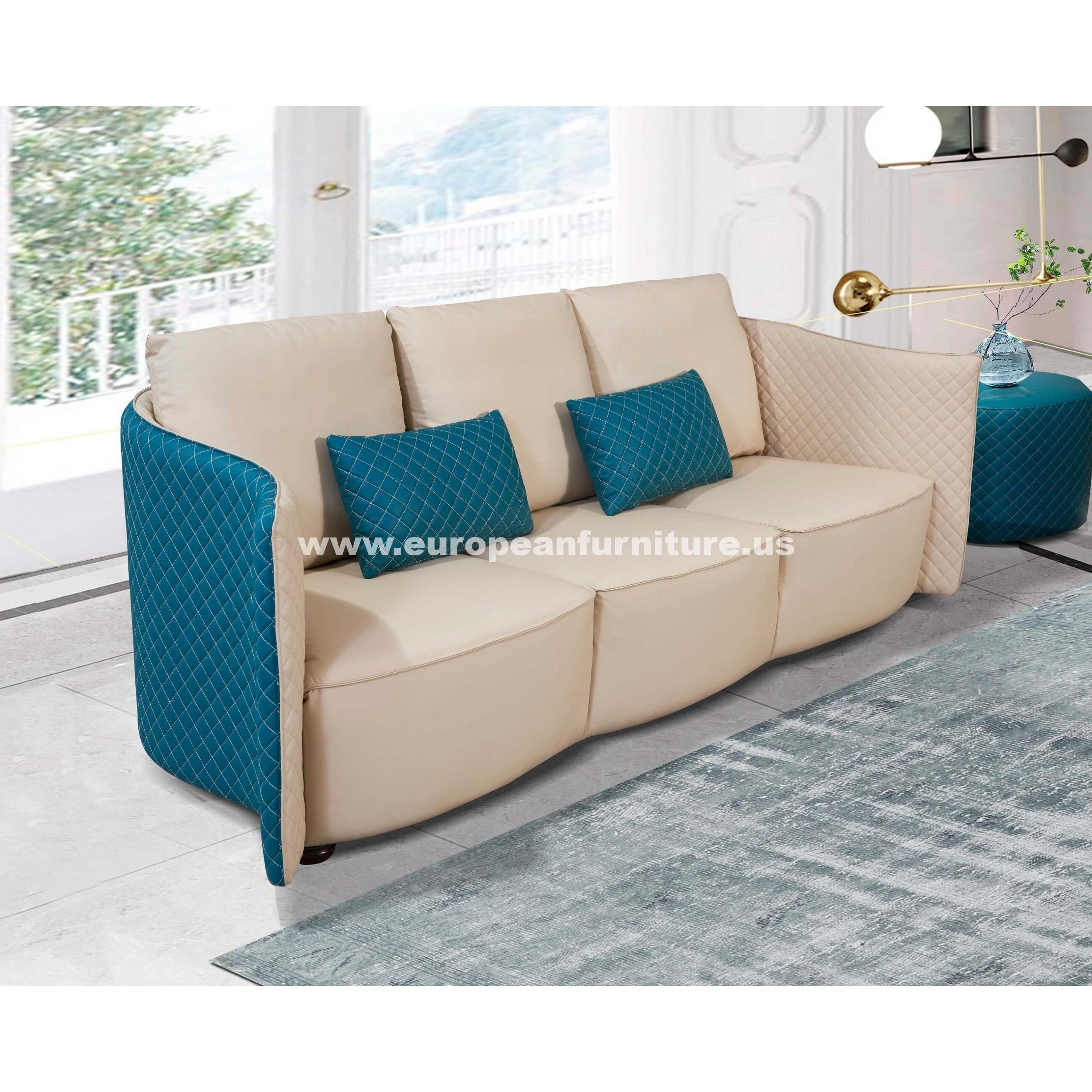 European Furniture - Makassar Sofa Beige & Blue Italian Leather - EF-52554-S - New Star Living