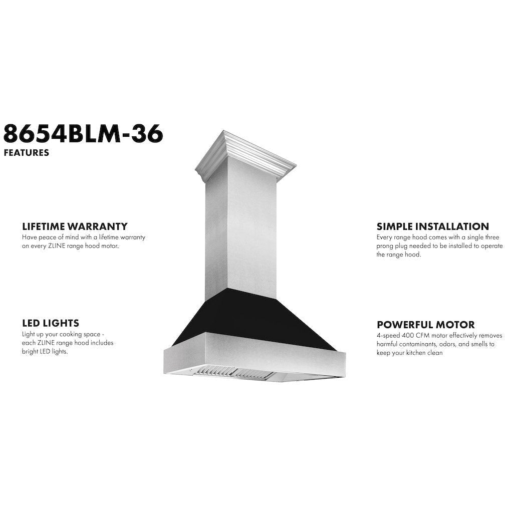 ZLINE Ducted DuraSnow Stainless Steel Range Hood with Black Matte Shell (8654BLM) - New Star Living