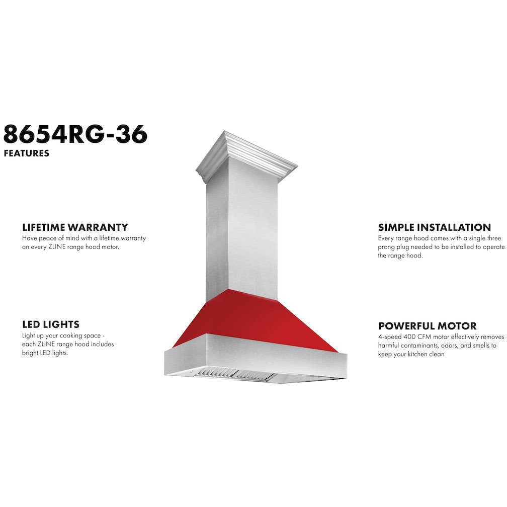ZLINE Ducted DuraSnow Stainless Steel Range Hood with Red Gloss Shell (8654RG) - New Star Living