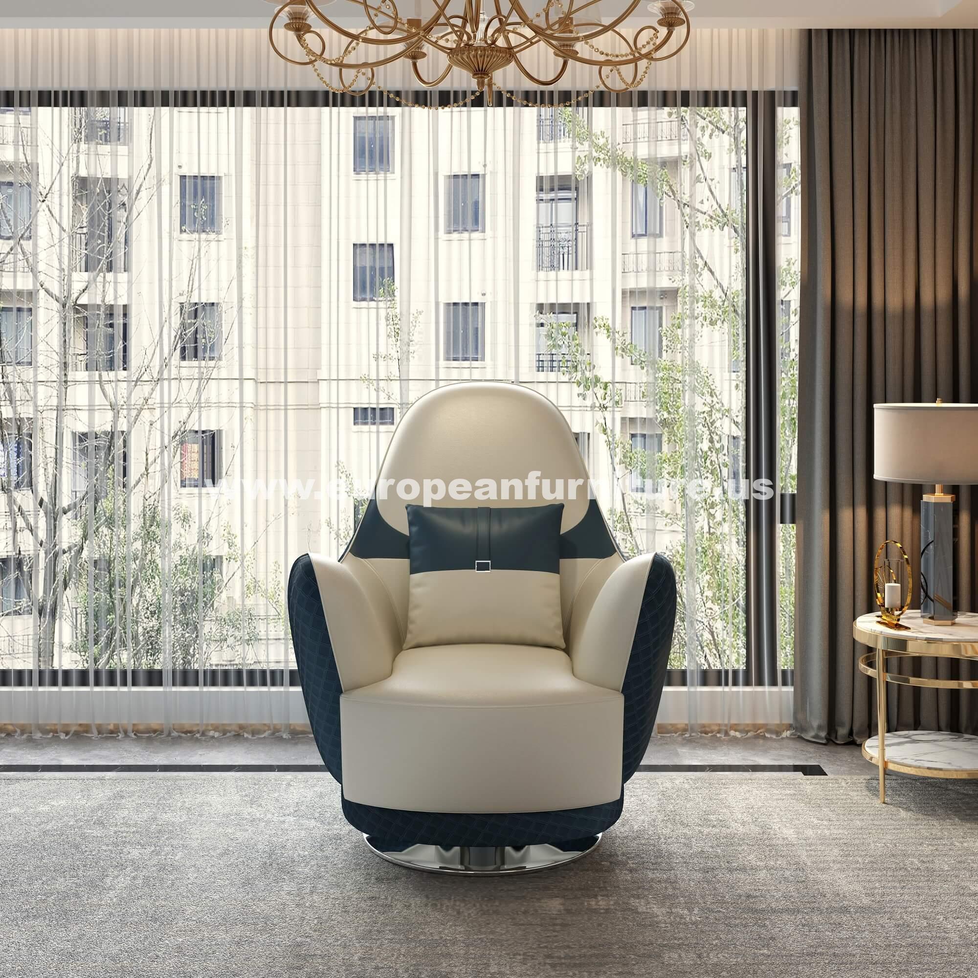 European Furniture - Amalia Swivel Chair Off White-Blue Italian Leather - EF-28042-C - New Star Living