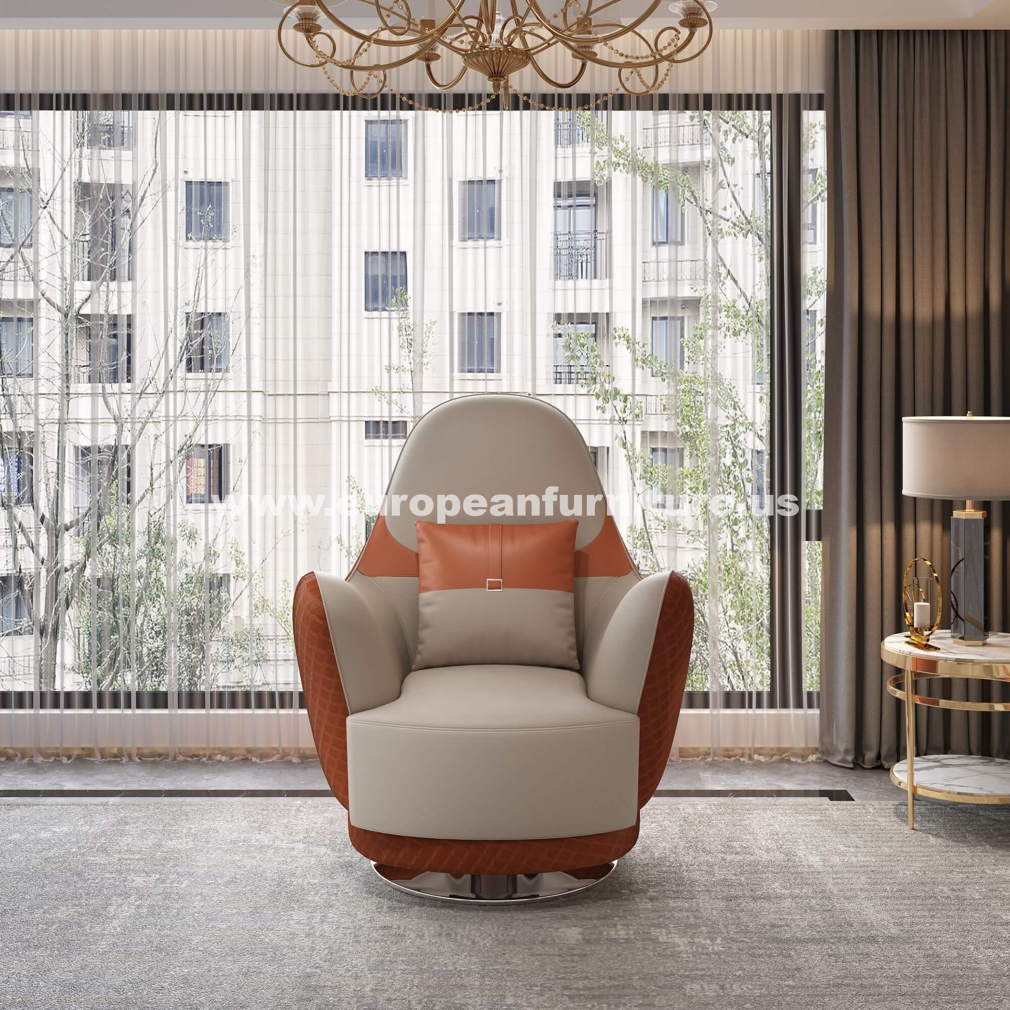 European Furniture - Amalia Swivel Chair Off White-Orange Italian Leather - EF-28040-C - New Star Living