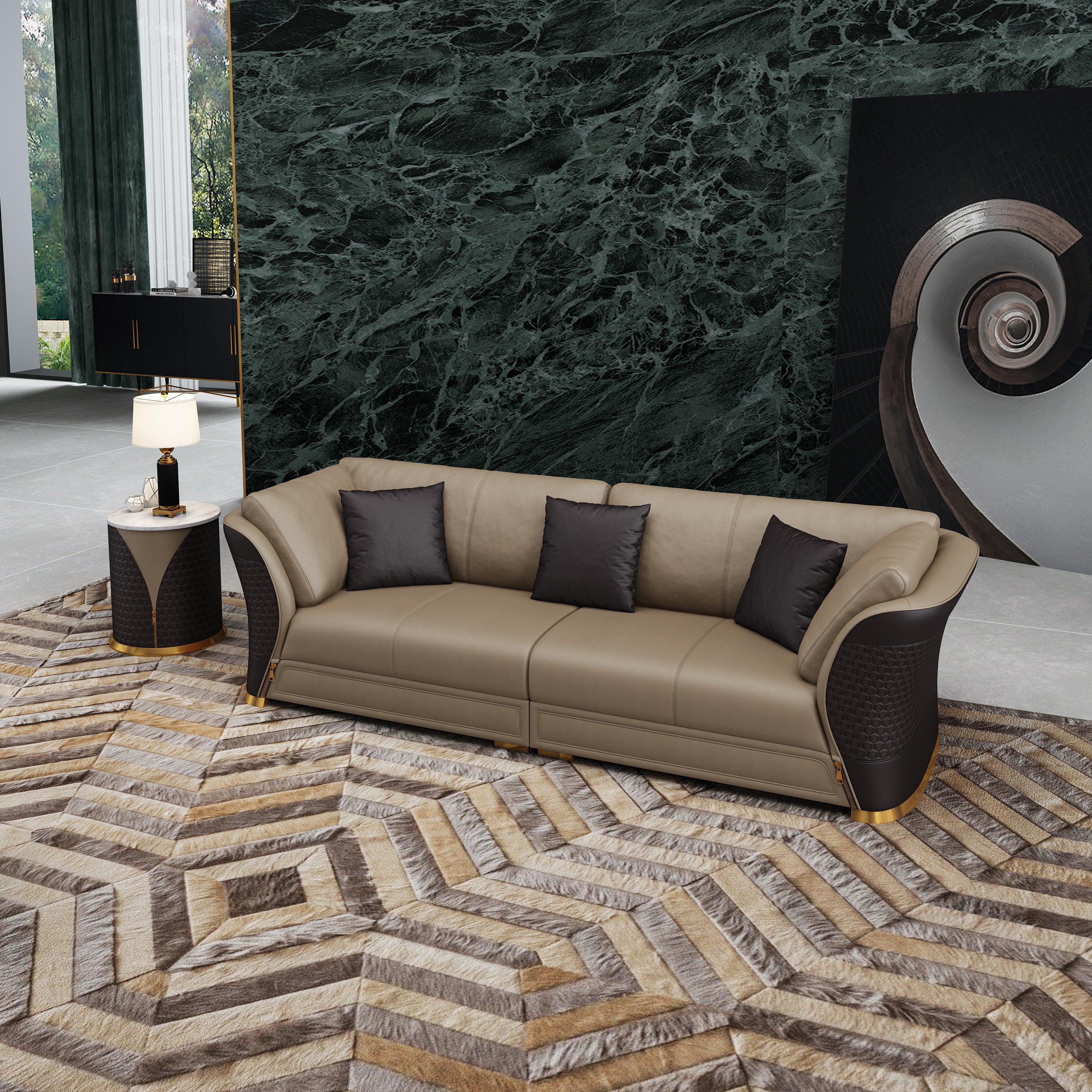 European Furniture - Vogue Mansion Sofa Sand Beige Chocolate Italian Leather - EF-27990-4S - New Star Living