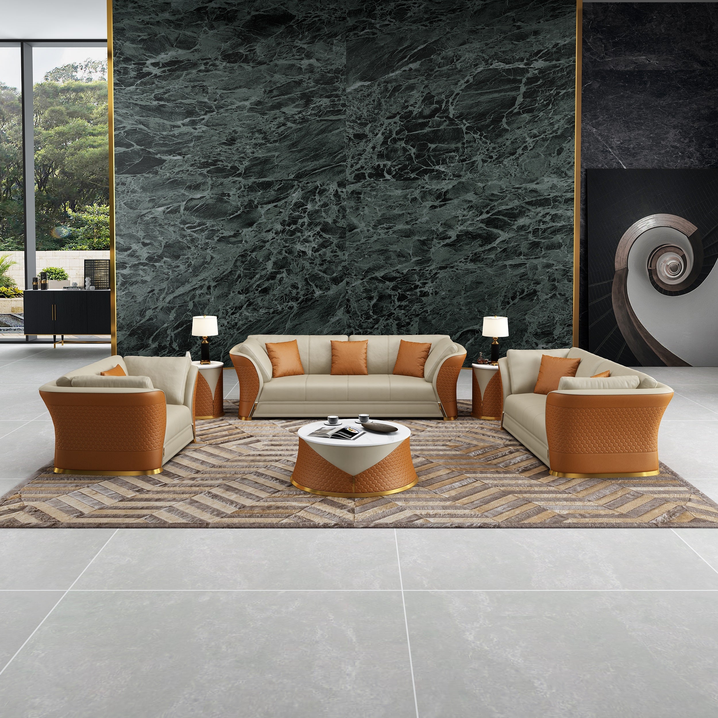 European Furniture - Vogue 3 Piece Luxury Occasional Table Set in Beige-Cognac - 27992-CT-ET - New Star Living