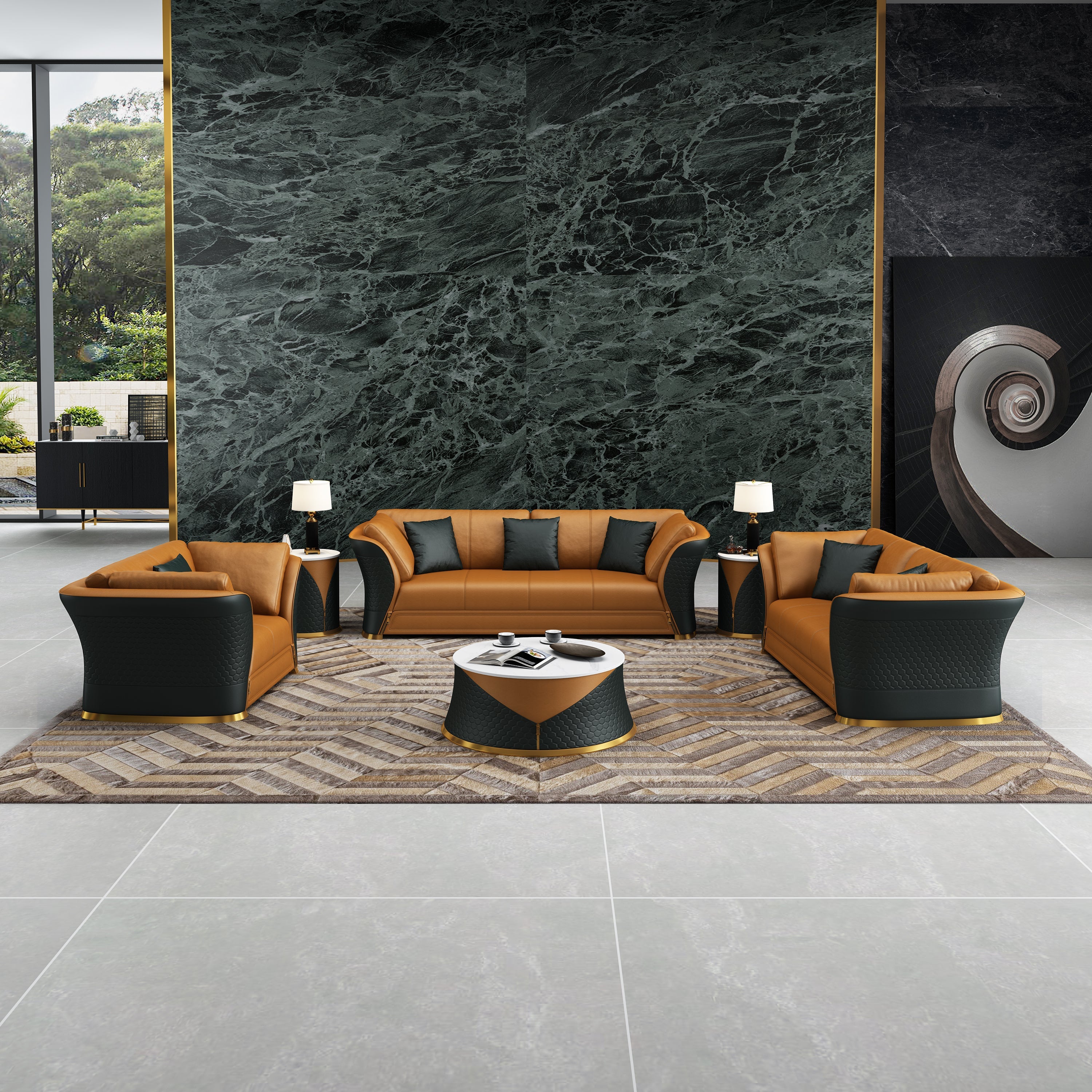 European Furniture - Vogue 3 Piece Living Room Set in Cognac & Charcoal Italian Leather - EF-27994-SLC - New Star Living