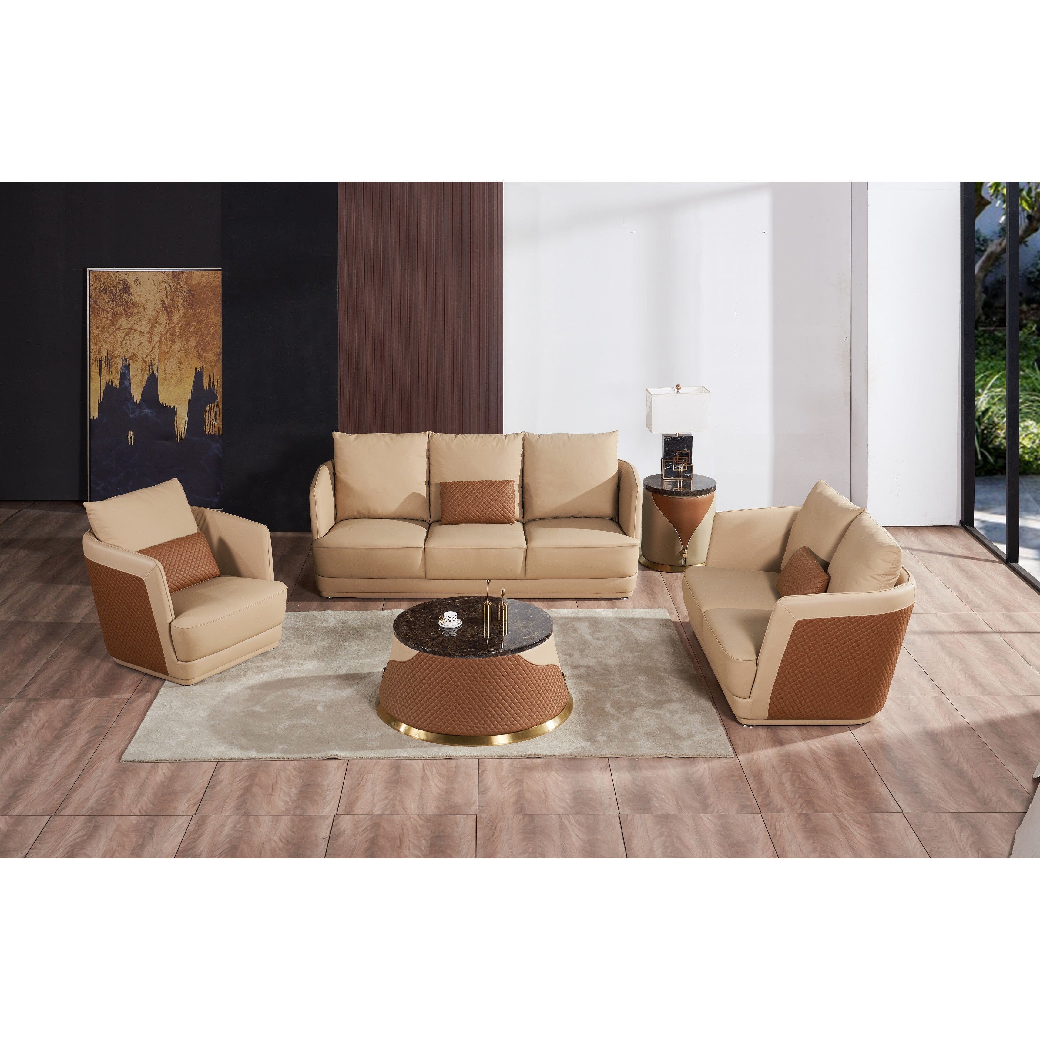 European Furniture - Glamour Sofa Tan & Brown Italian Leather - EF-51617-S - New Star Living